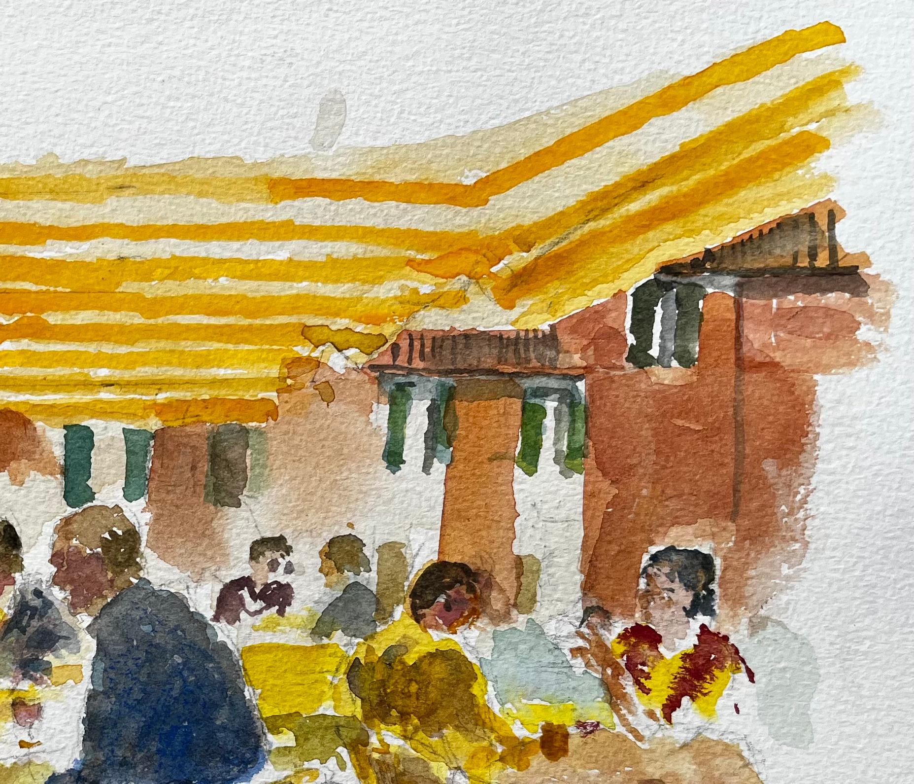 Continental Café Scene With Yellow Striped Awnings And Figures In Conversation For Sale 1