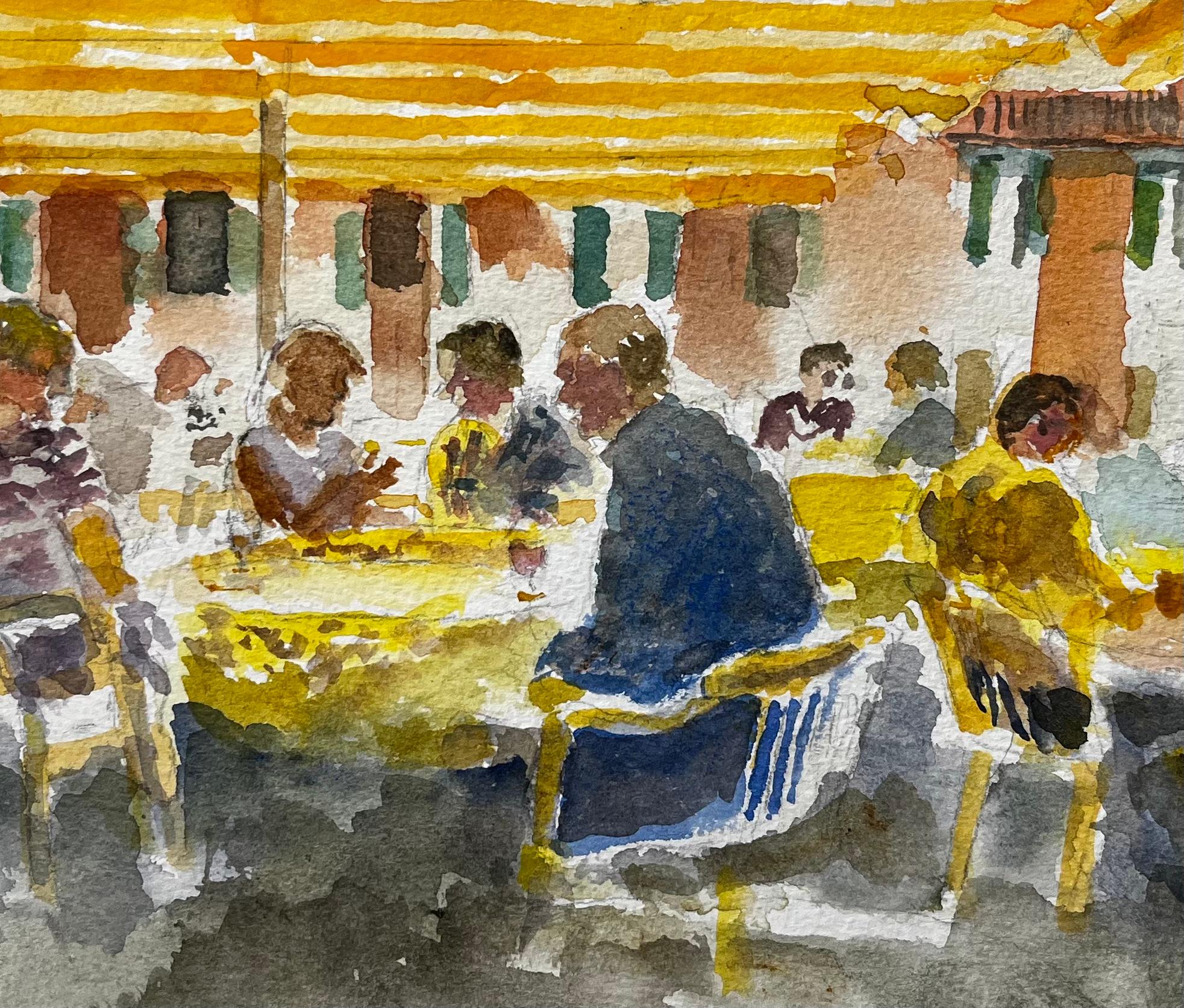 Continental Café Scene With Yellow Striped Awnings And Figures In Conversation For Sale 2