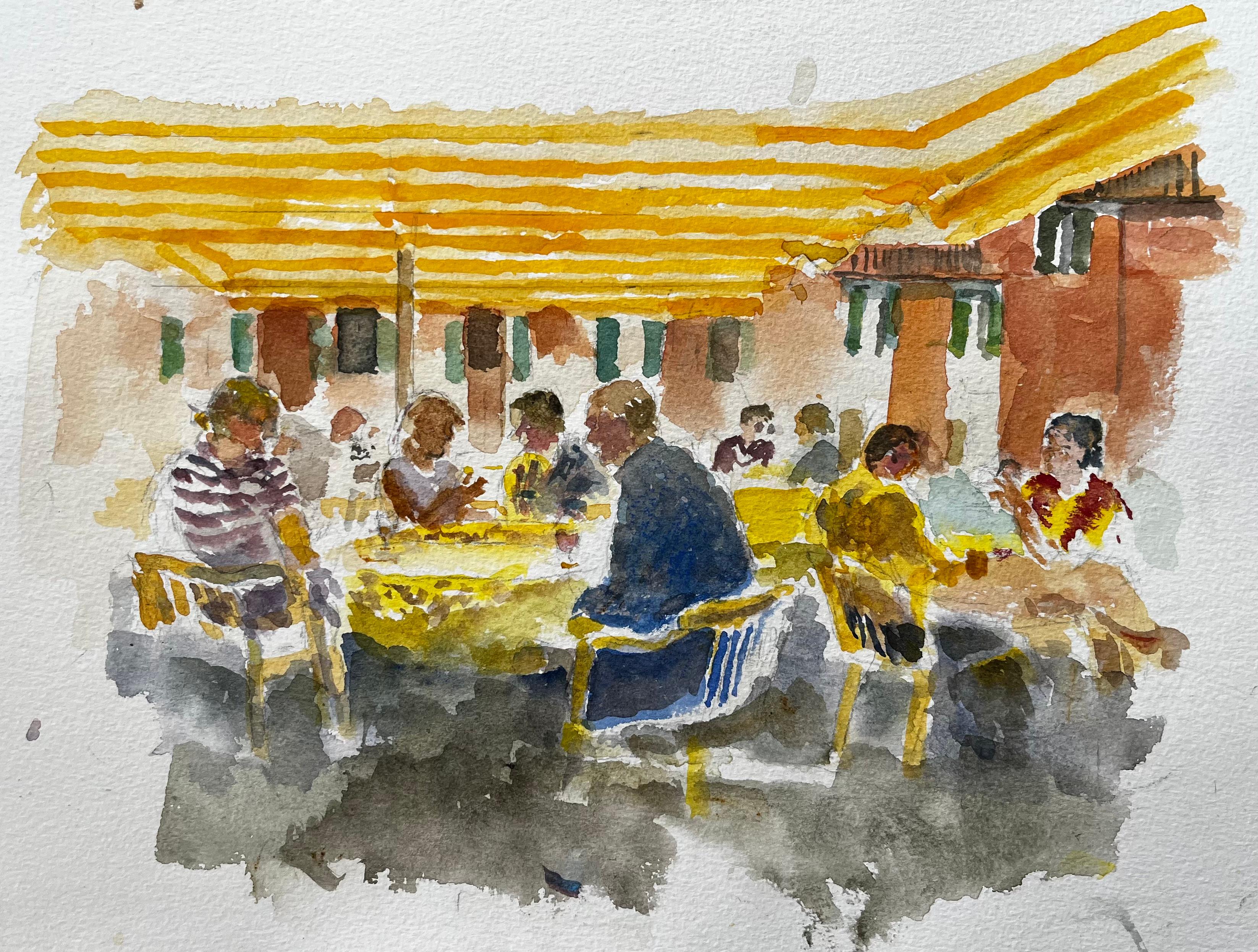 Anthony Herbert Landscape Art - Continental Café Scene With Yellow Striped Awnings And Figures In Conversation