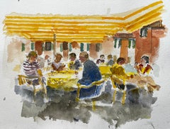 Vintage Continental Café Scene With Yellow Striped Awnings And Figures In Conversation