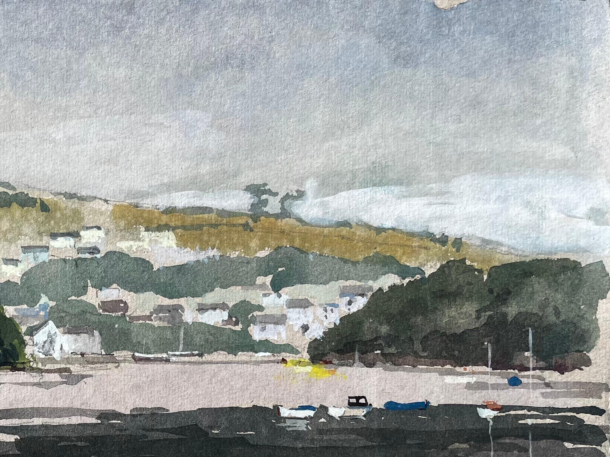 Estuary View with Boats and Hills Distant View of Cardigan from St Dogmaels - Painting by Anthony Herbert