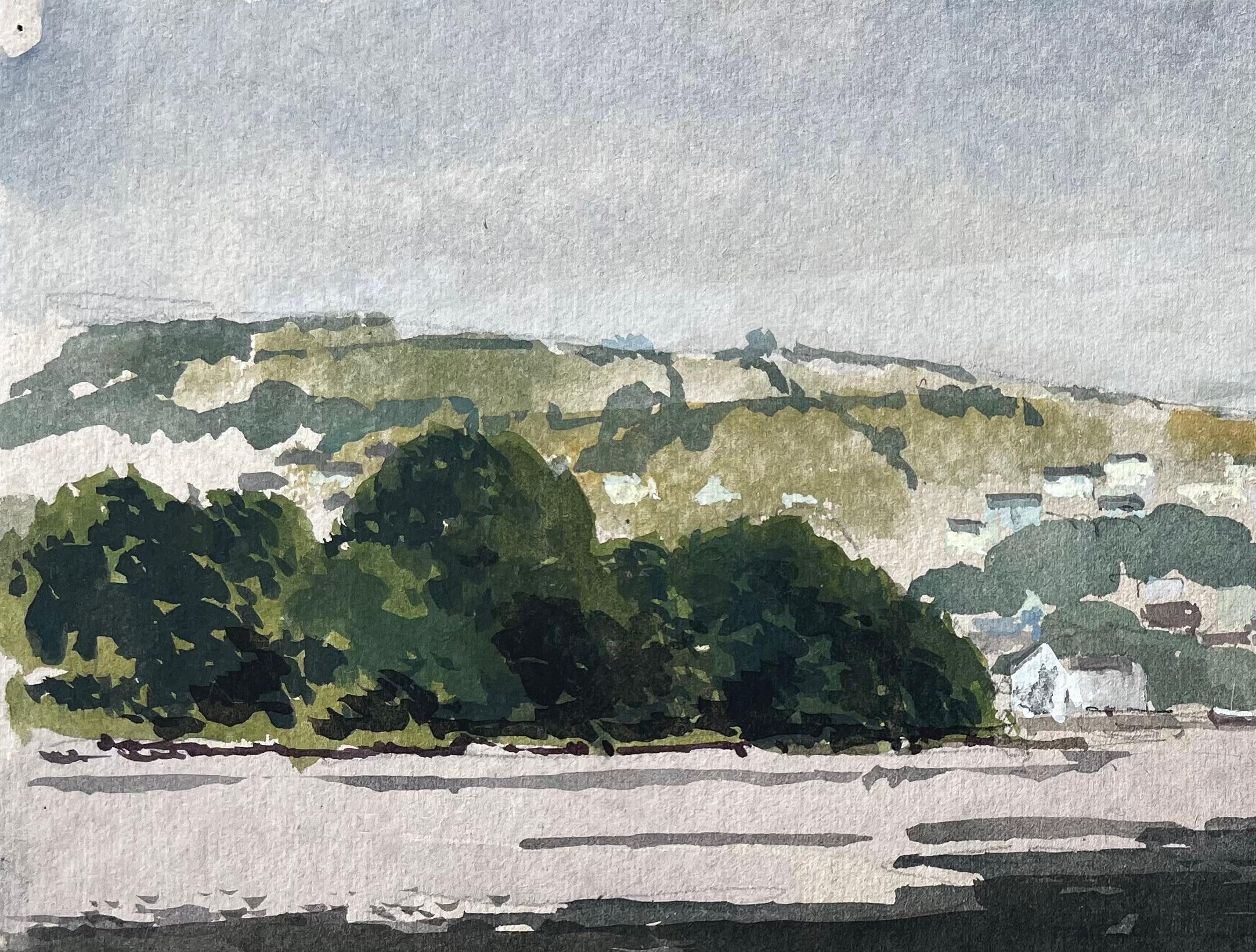 Estuary View with Boats and Hills Distant View of Cardigan from St Dogmaels - Impressionist Painting by Anthony Herbert
