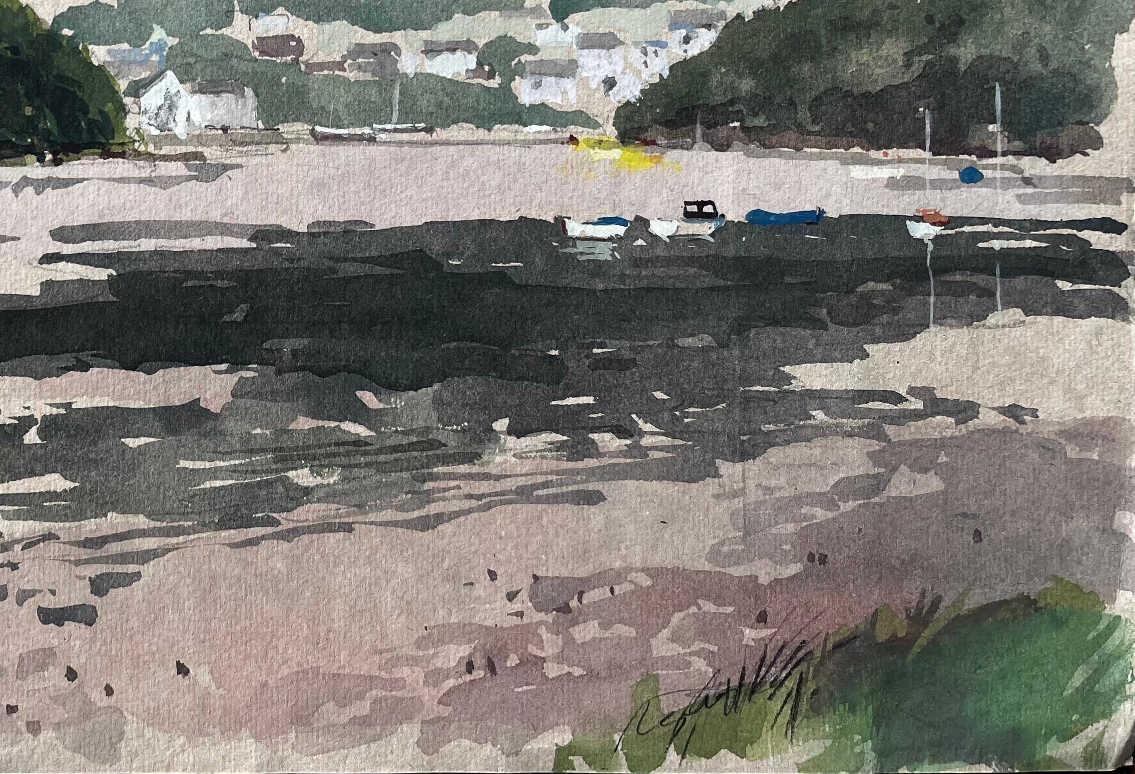 Estuary View with Boats and Hills Distant View of Cardigan from St Dogmaels - Gray Landscape Painting by Anthony Herbert
