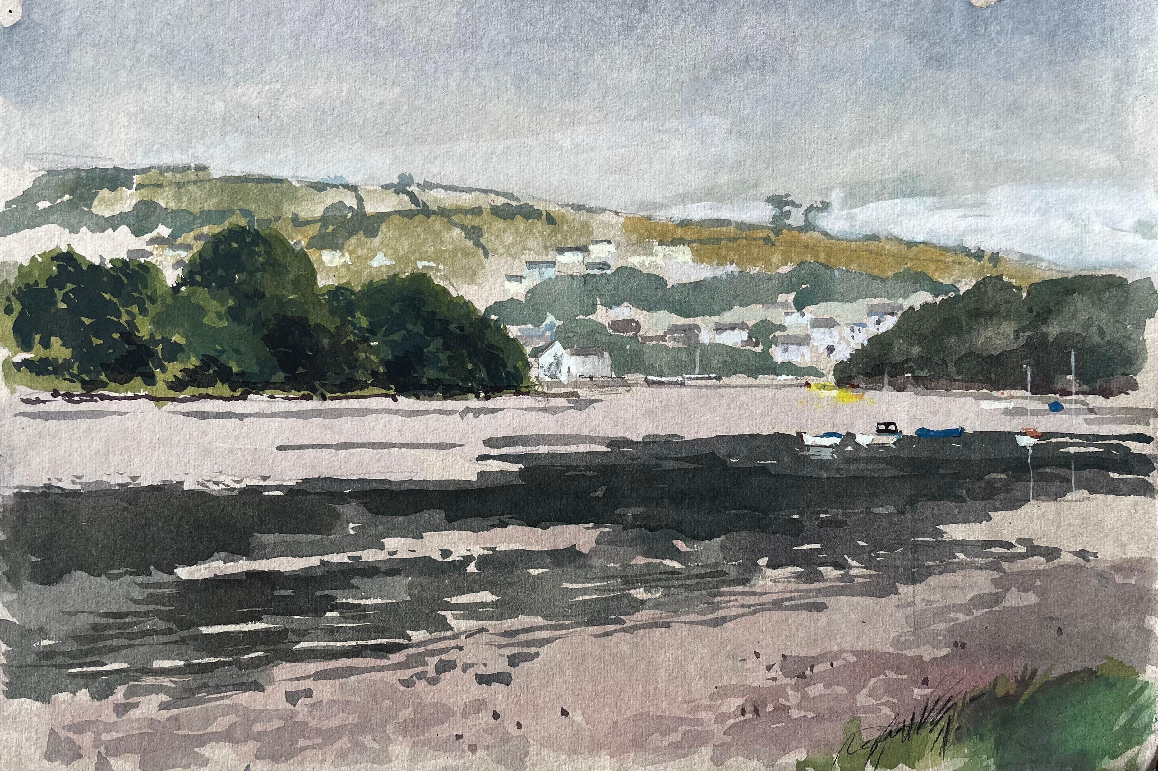 Anthony Herbert Landscape Painting - Estuary View with Boats and Hills Distant View of Cardigan from St Dogmaels