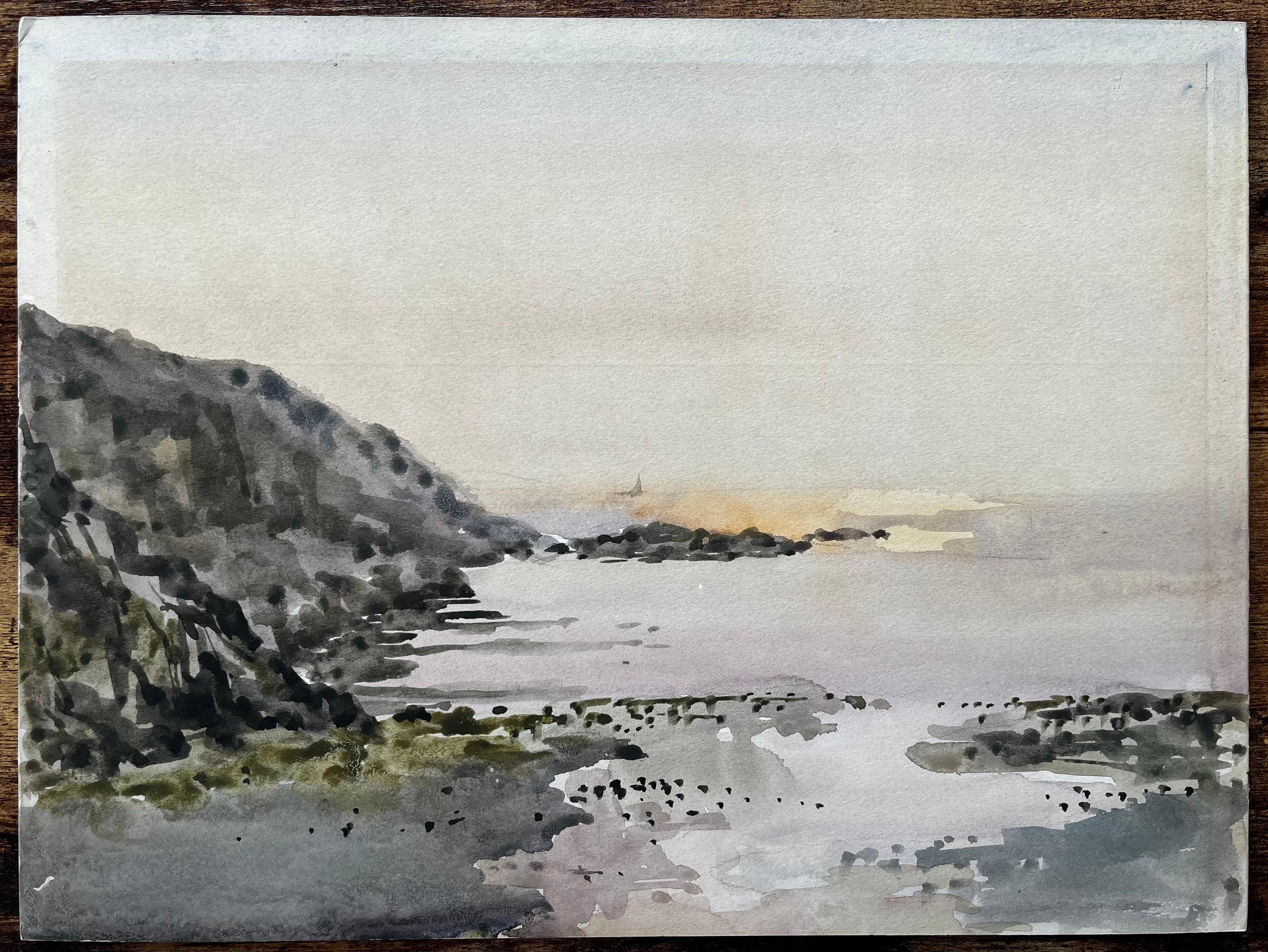 Abendliche Küstenansicht bei Nefyn Nordwales 1976 Aquarell Meereslandschaft – Art von Anthony Herbert