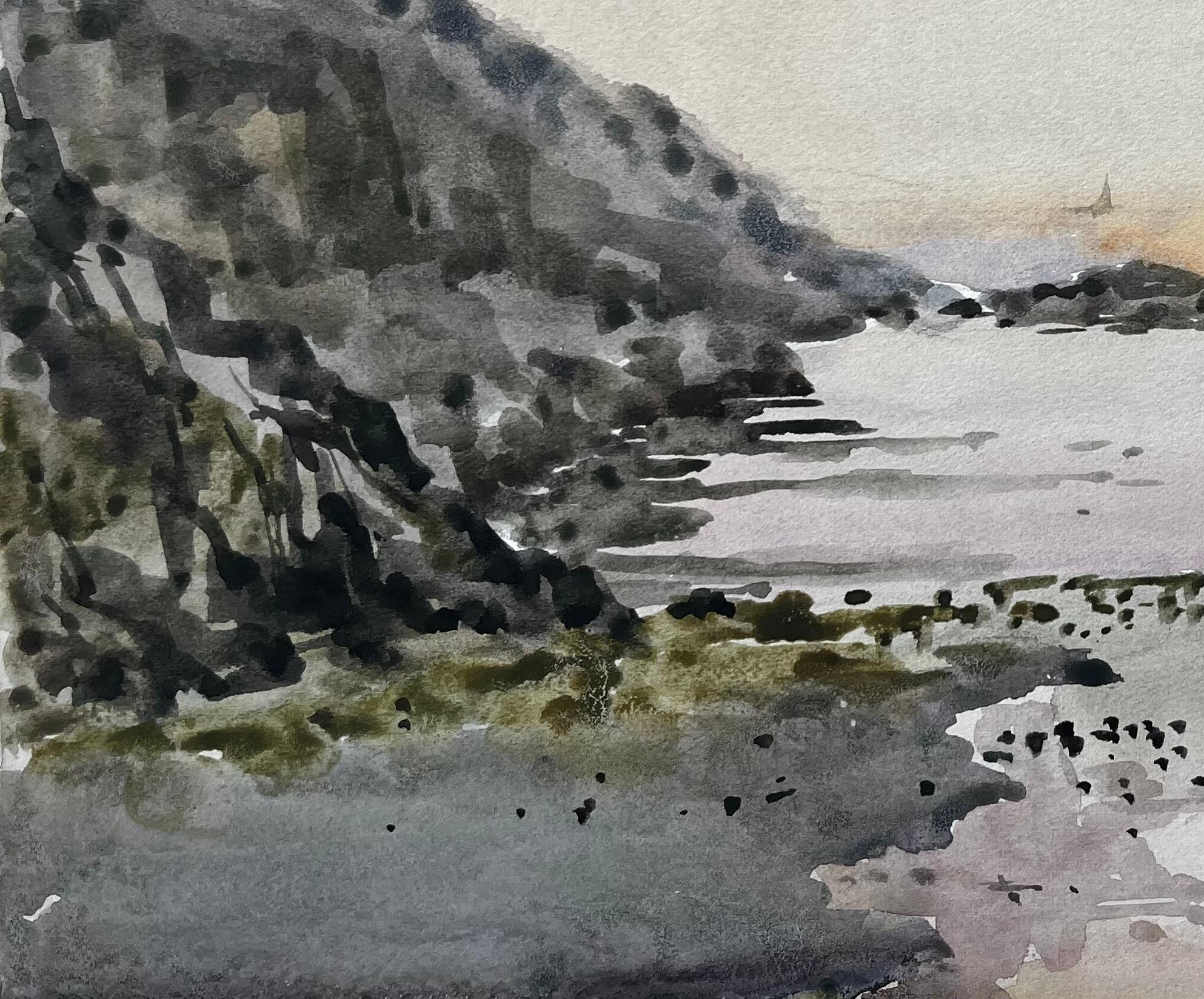 Abendliche Küstenansicht bei Nefyn Nordwales 1976 Aquarell Meereslandschaft (Impressionismus), Art, von Anthony Herbert