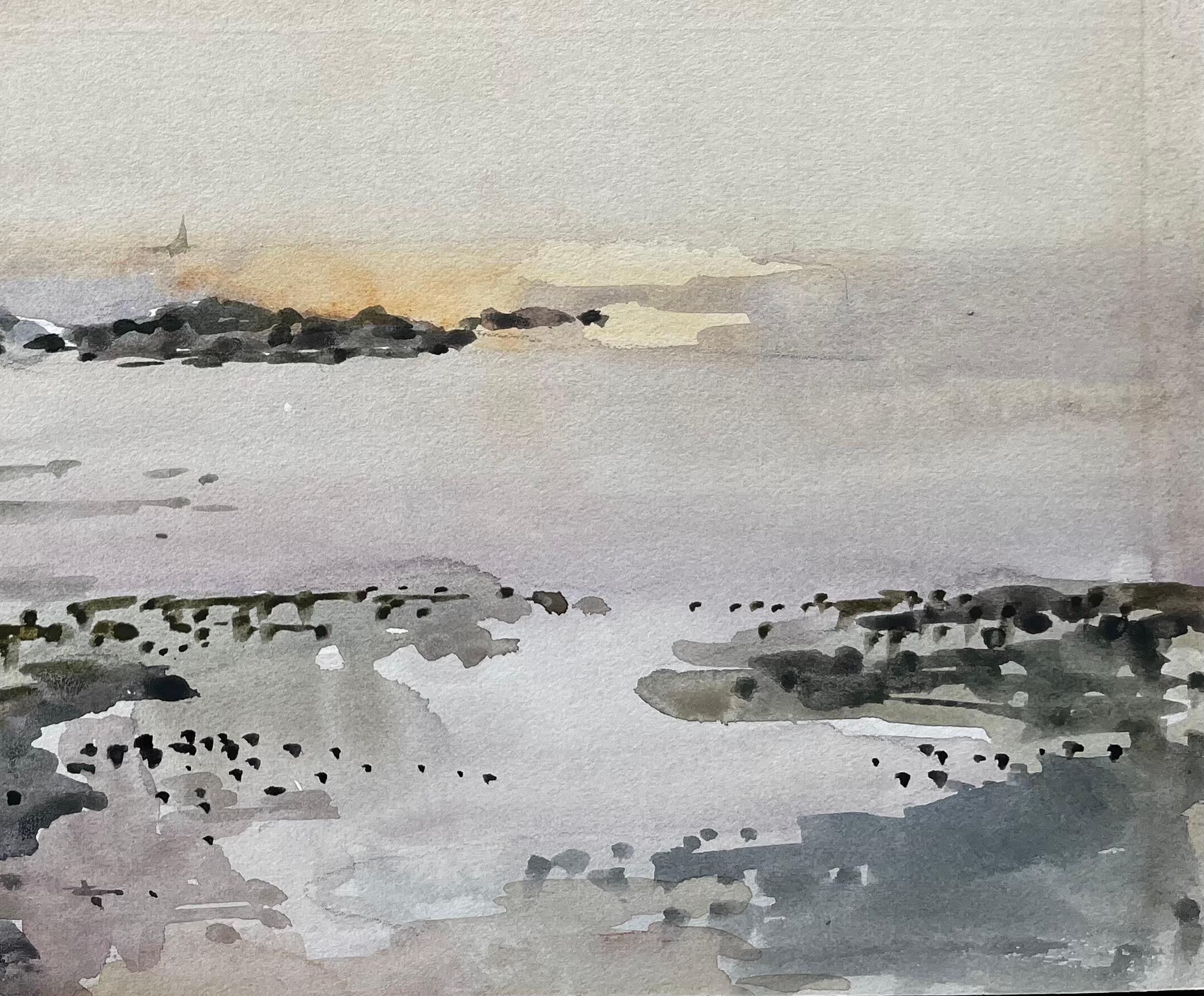 Abendliche Küstenansicht bei Nefyn Nordwales 1976 Aquarell Meereslandschaft (Grau), Landscape Art, von Anthony Herbert