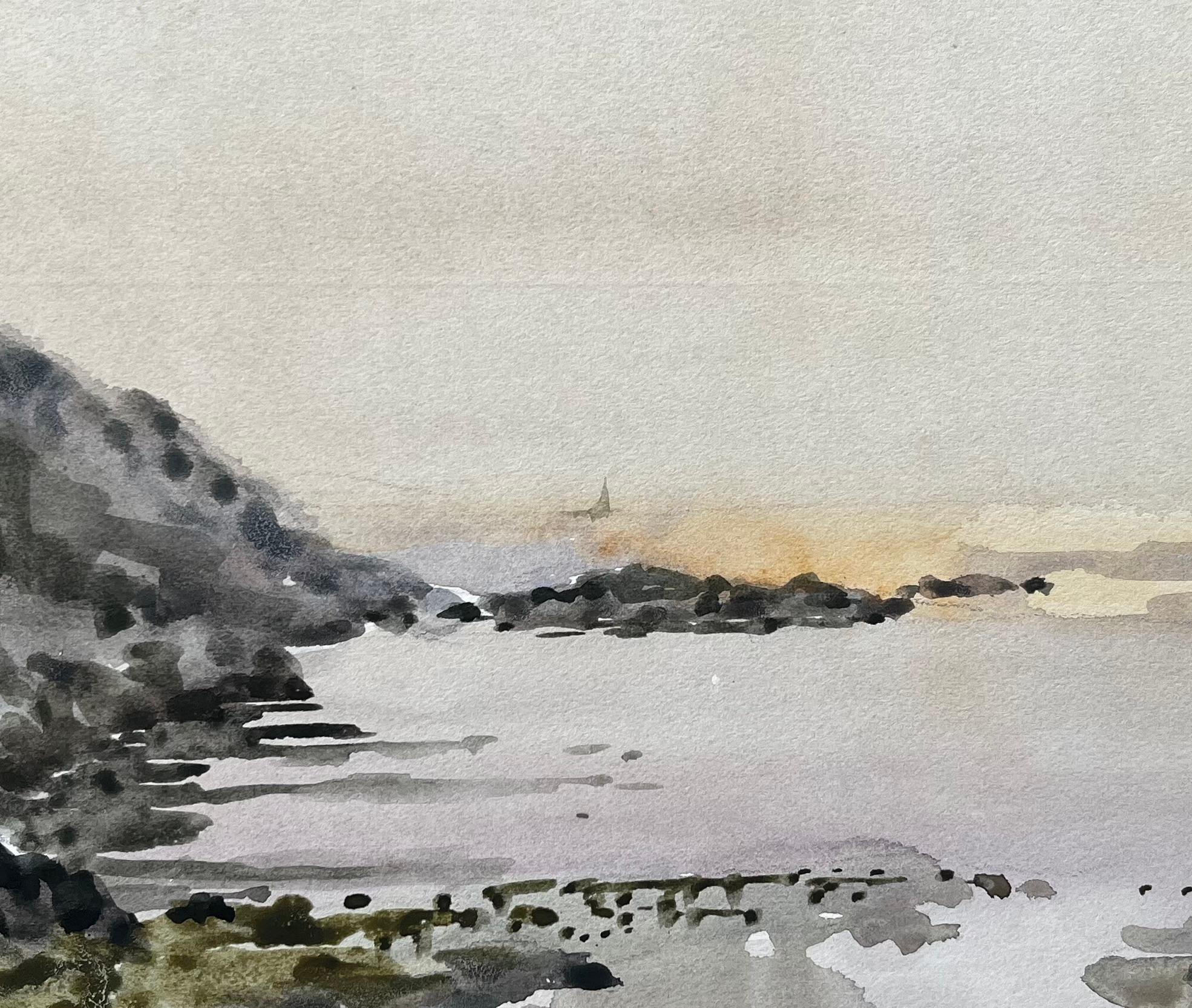 Abendliche Küstenansicht bei Nefyn Nordwales 1976 Aquarell Meereslandschaft im Angebot 2