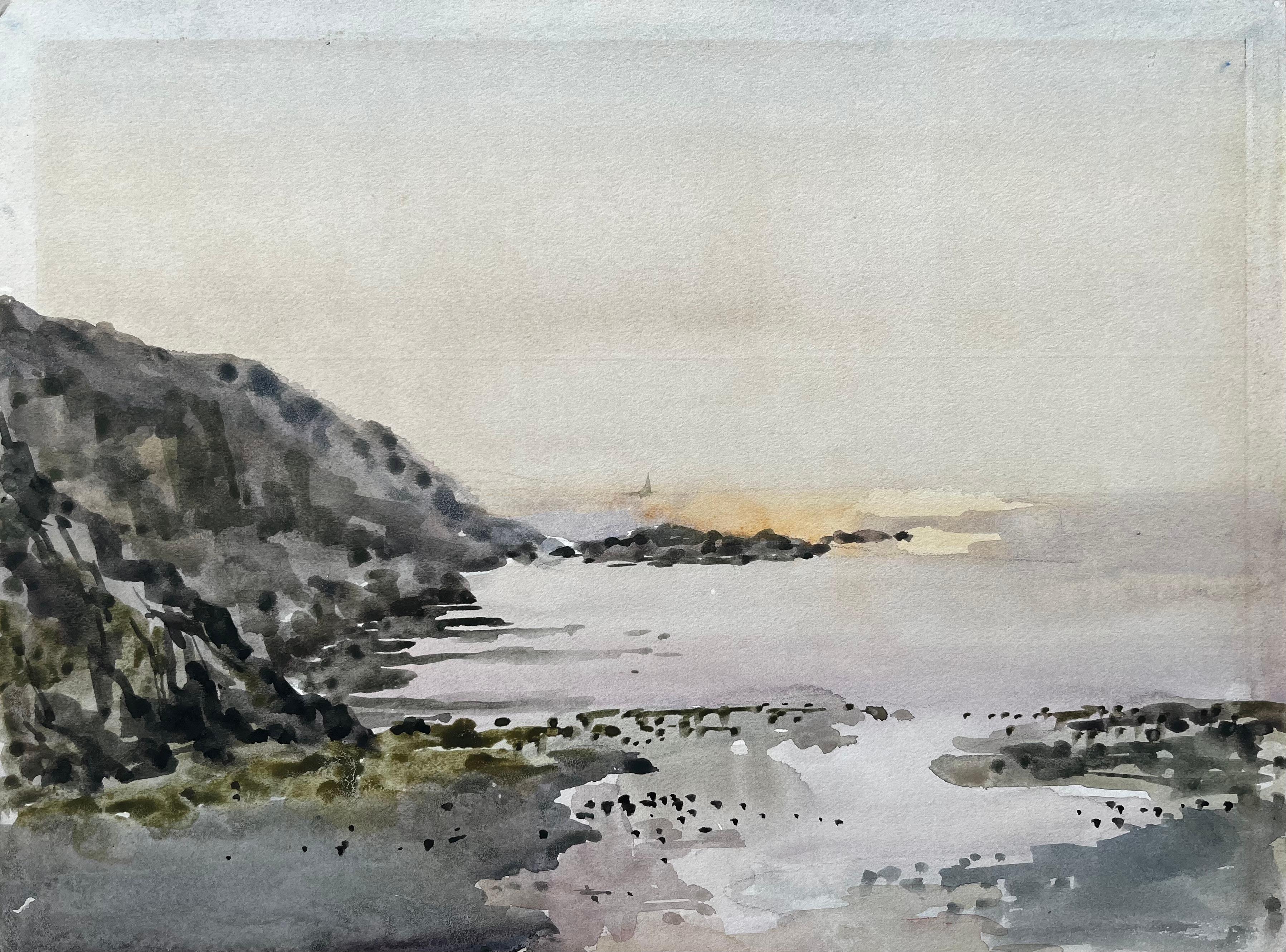 Anthony Herbert Landscape Art – Abendliche Küstenansicht bei Nefyn Nordwales 1976 Aquarell Meereslandschaft