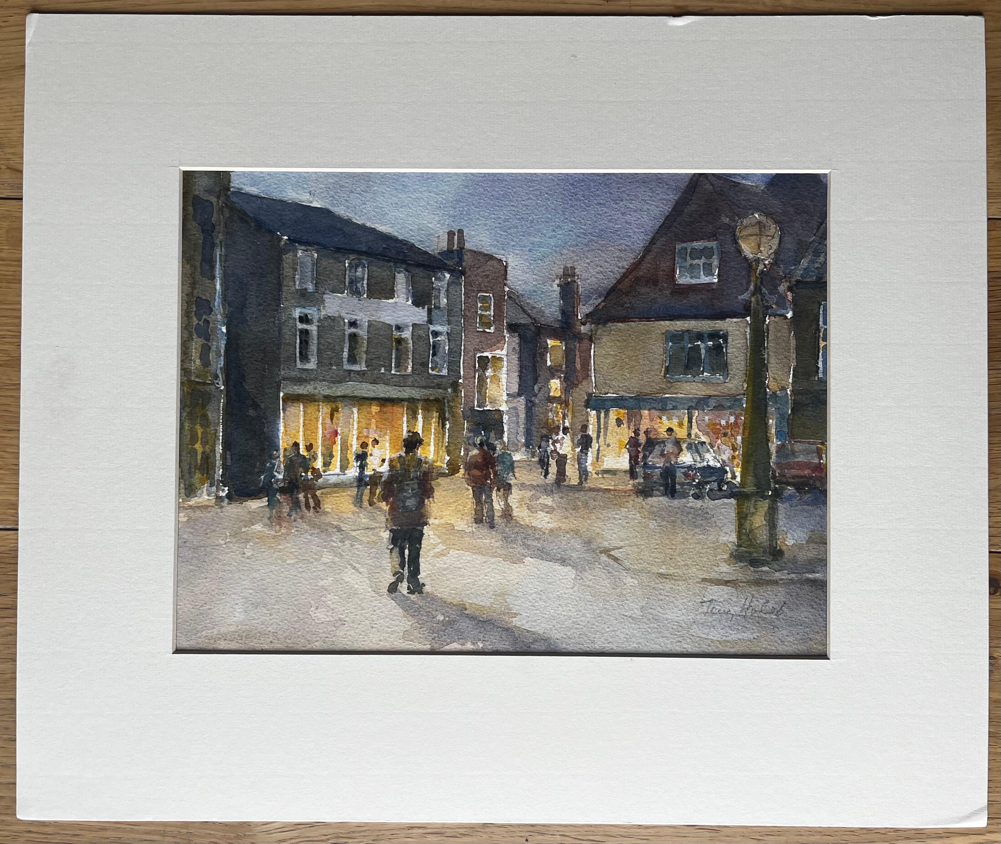 Escena nocturna en una calle principal con compradores y ventanas iluminadas Acuarela británica - Art de Anthony Herbert