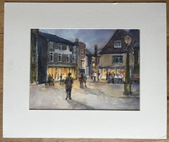 Evening High Street Scene with Shoppers and Lit Windows British Watercolour