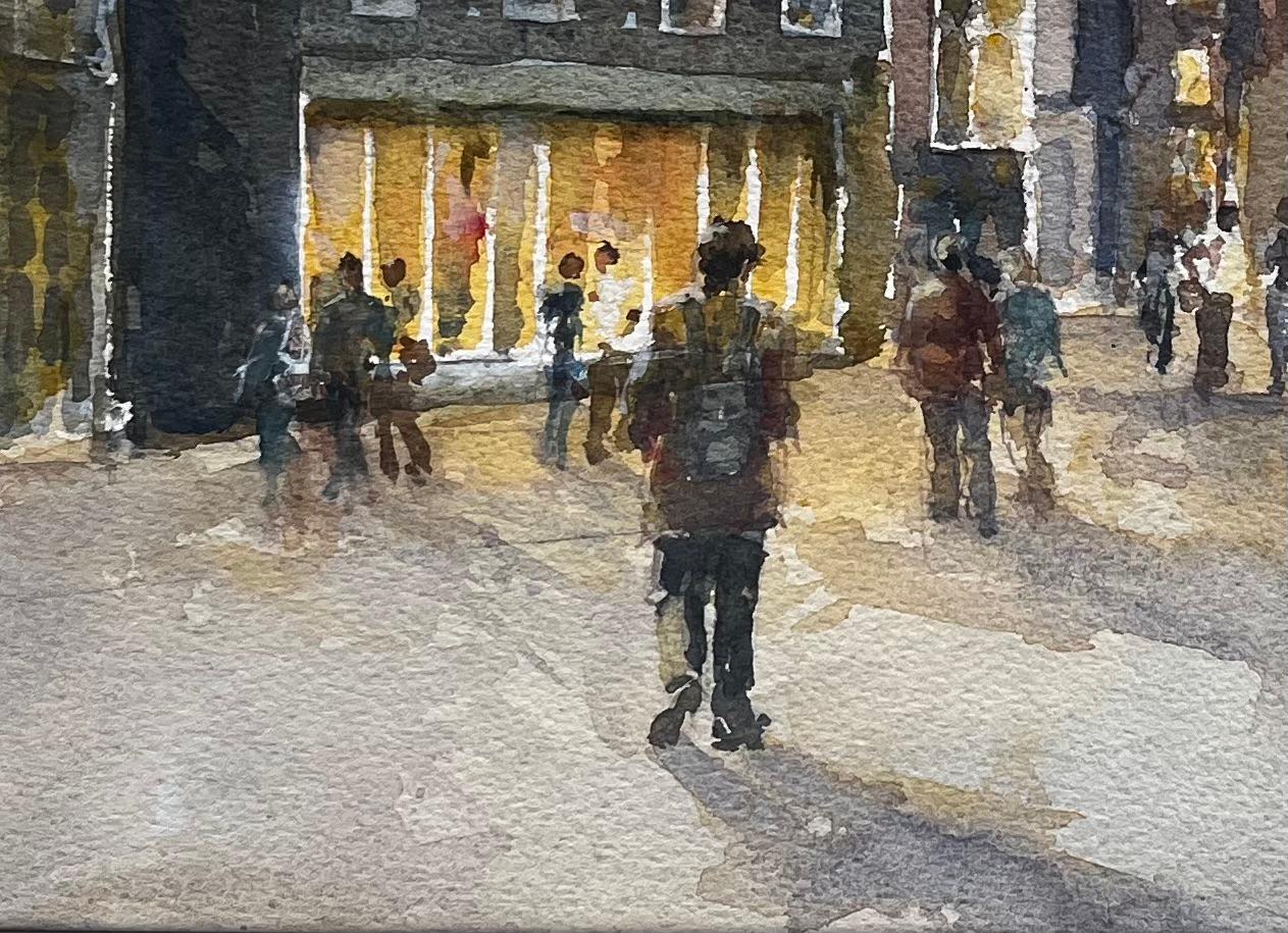 Escena nocturna en una calle principal con compradores y ventanas iluminadas Acuarela británica - Art Impresionista de Anthony Herbert