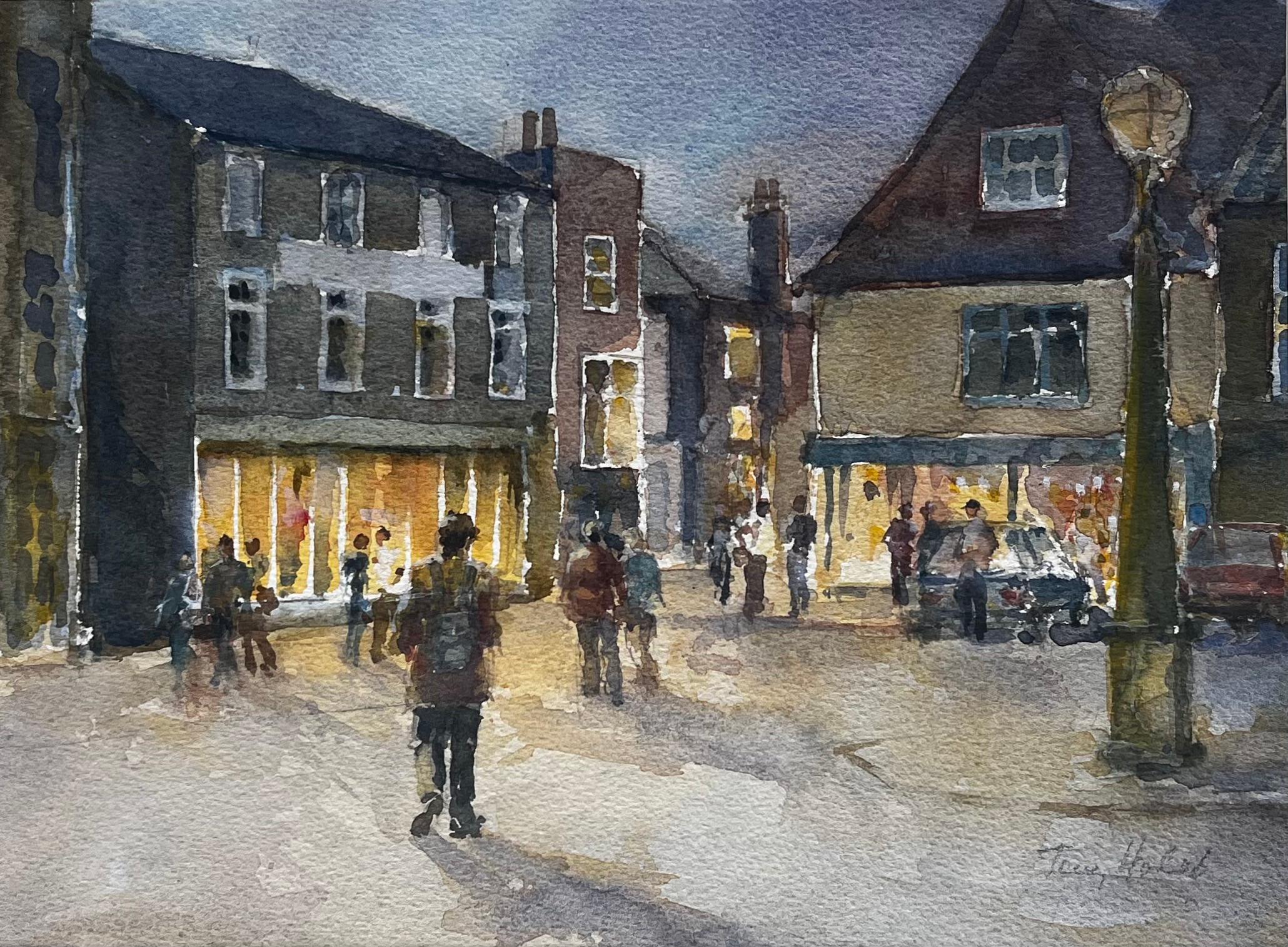 Landscape Art de Anthony Herbert - Escena nocturna en una calle principal con compradores y ventanas iluminadas Acuarela británica