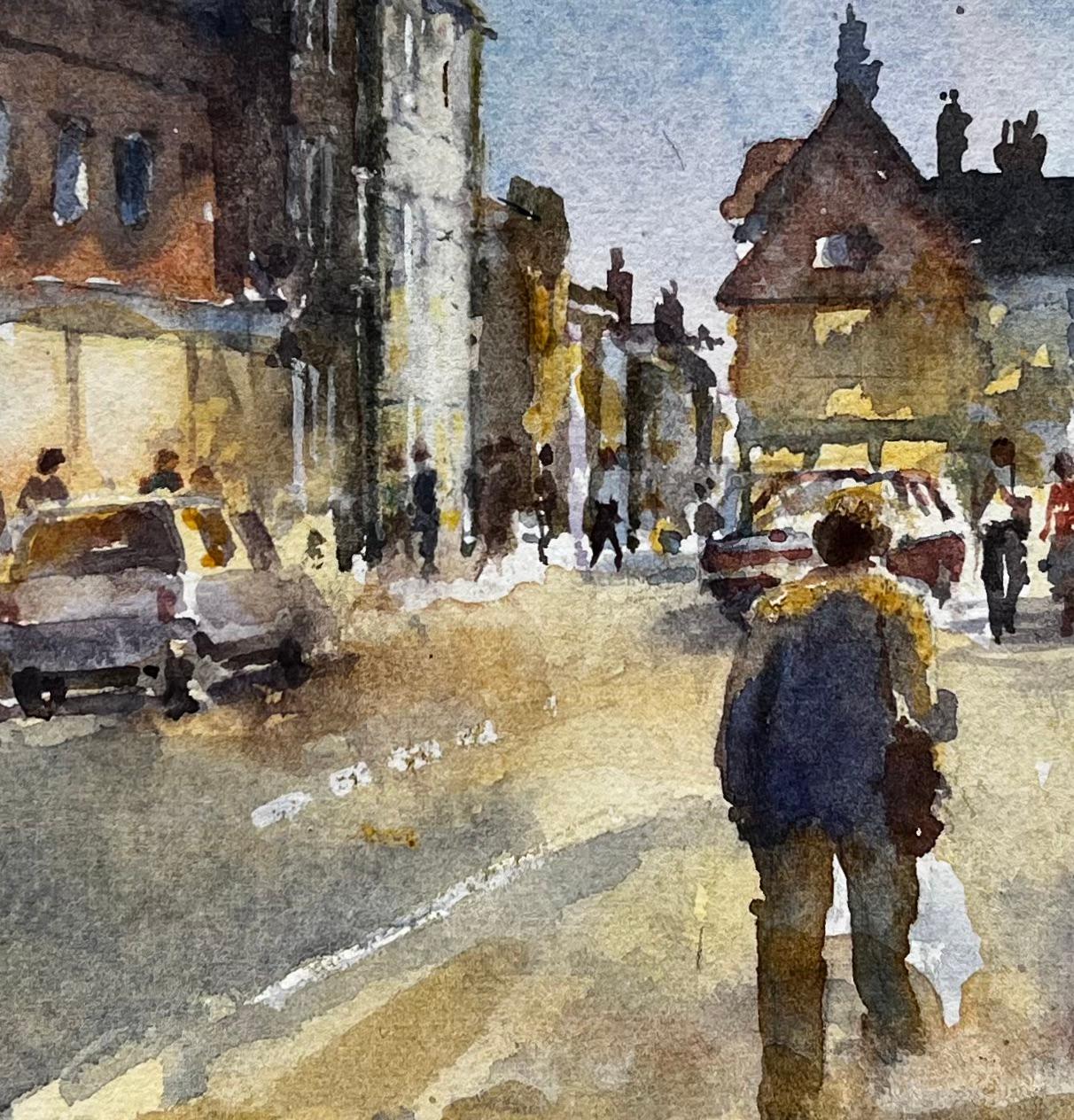 Evening Scene on Southwold High Street Original British Townscape Watercolour - Gray Landscape Art by Anthony Herbert