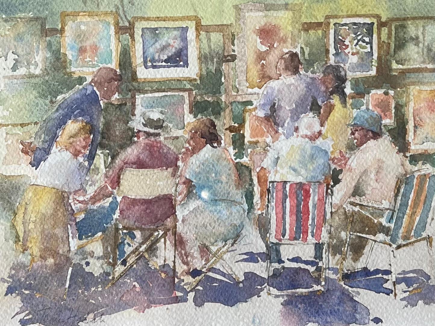 The Art Fair
Signed By Tony Herbert (1927-2024)
Medium: Watercolor on artists paper on board, framed - glass covered 
Framed: 14.5 x 17 inches
Watercolour: 7.5 x 9.5 inches
Condition: Good and sound condition 
Provenance: From a large private