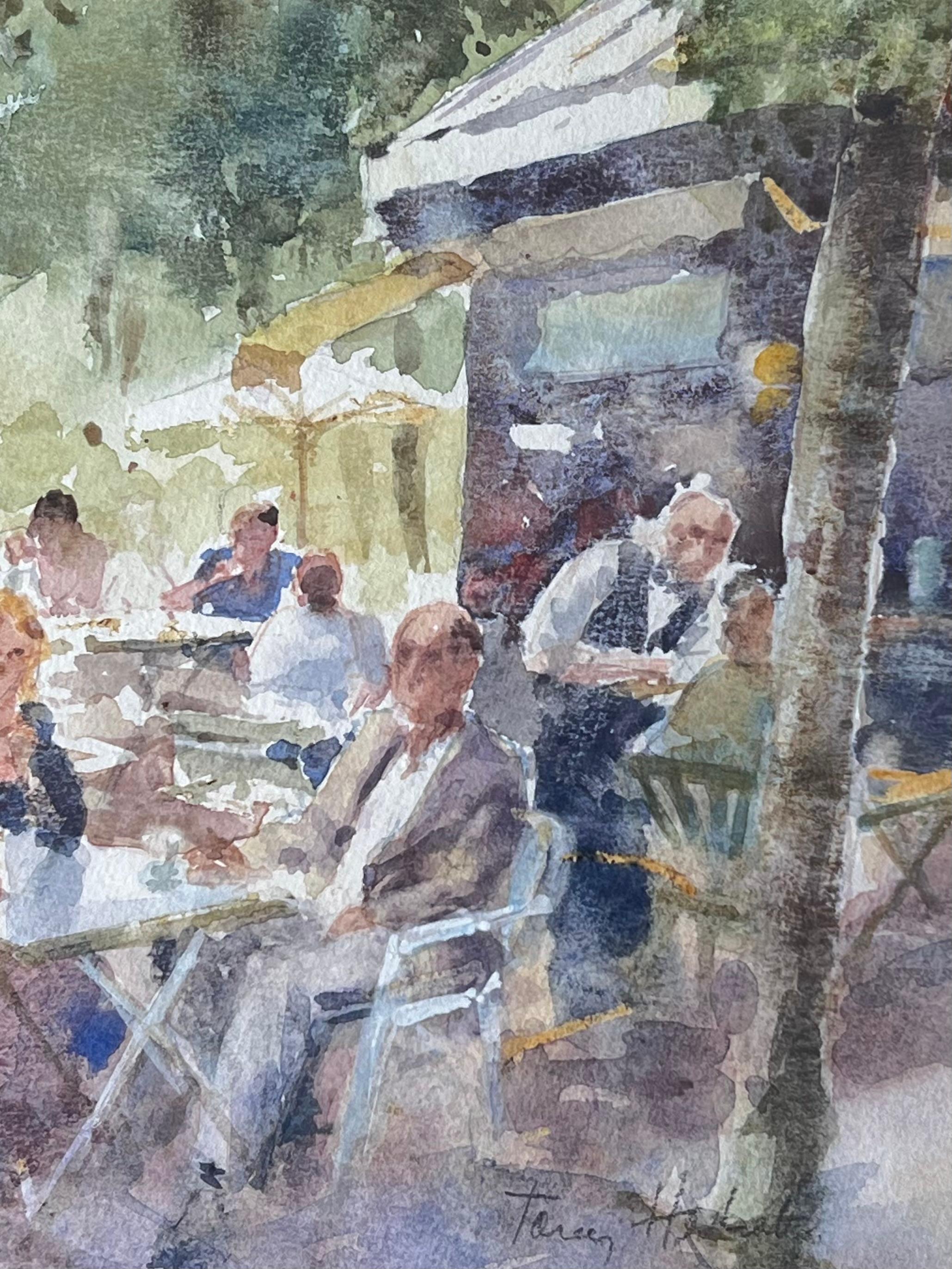 Figures at an Outdoor Cafe on a Busy Summers Day British Watercolour Painting For Sale 1
