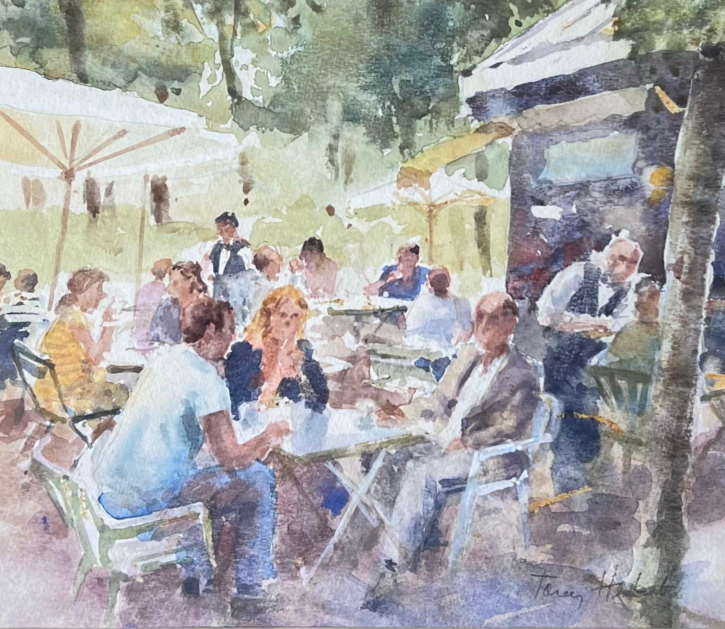 Figures at an Outdoor Cafe on a Busy Summers Day British Watercolour Painting For Sale 2