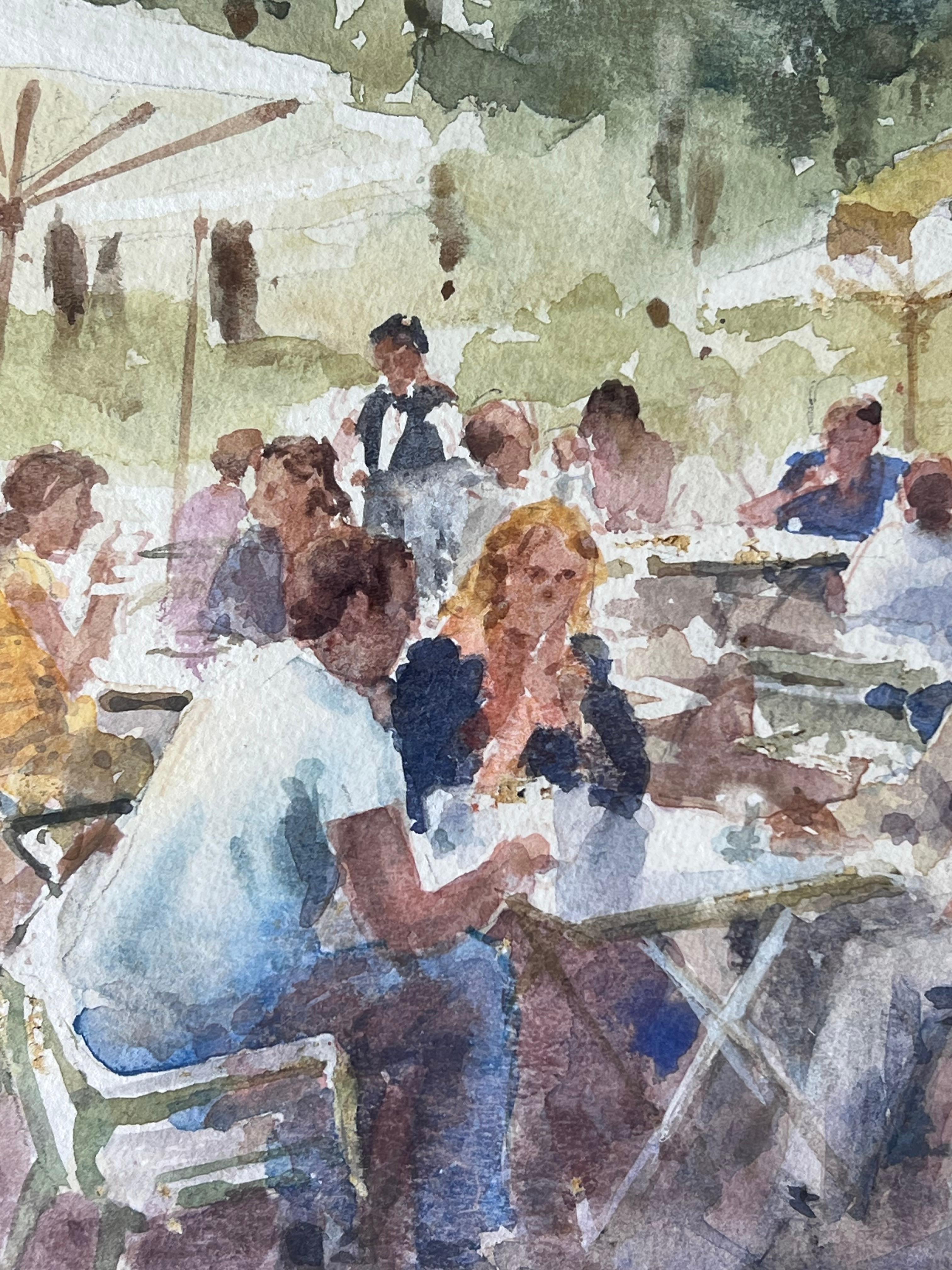 Figures at an Outdoor Cafe on a Busy Summers Day British Watercolour Painting For Sale 3
