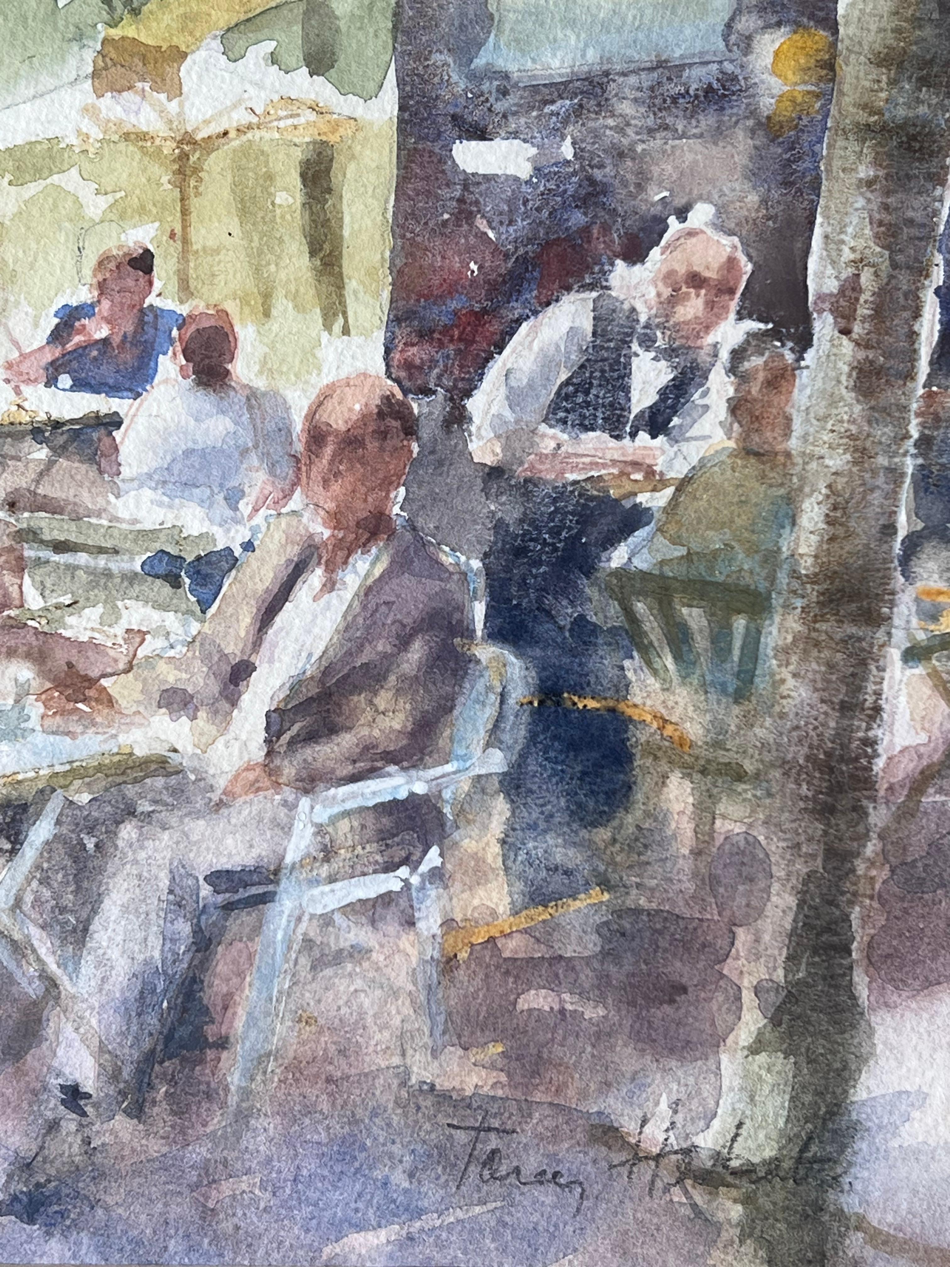 Figures at an Outdoor Cafe on a Busy Summers Day British Watercolour Painting For Sale 4