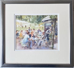 Figures at an Outdoor Cafe on a Busy Summers Day British Watercolour Painting