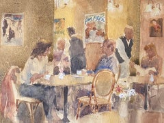 Figures Being Waited in a English Warm Lit Cafe Watercolour Painting