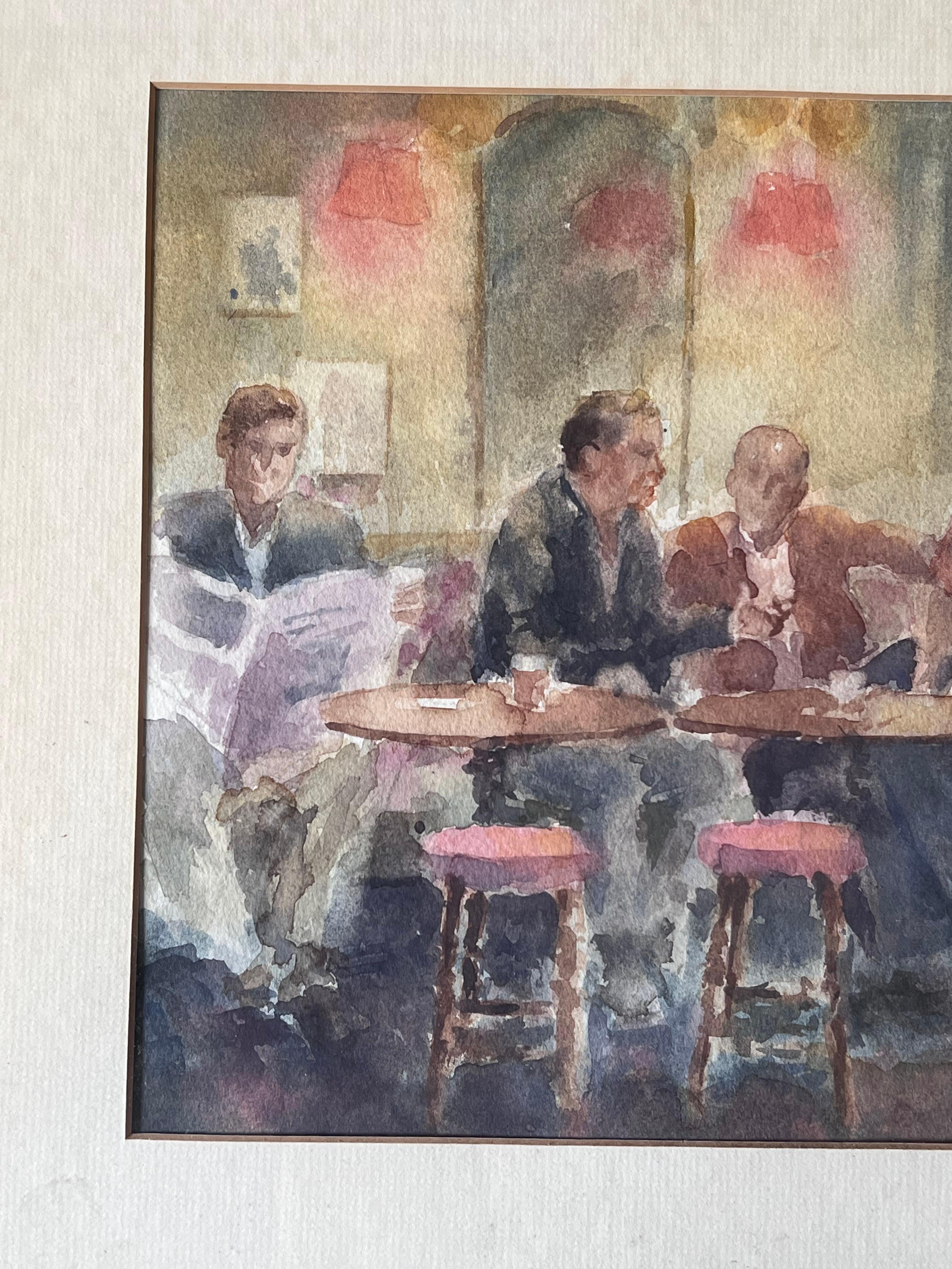 Figures Drinking in a Cosy Wooden Warm Lit Pub British Watercolour Painting - Impressionist Art by Anthony Herbert