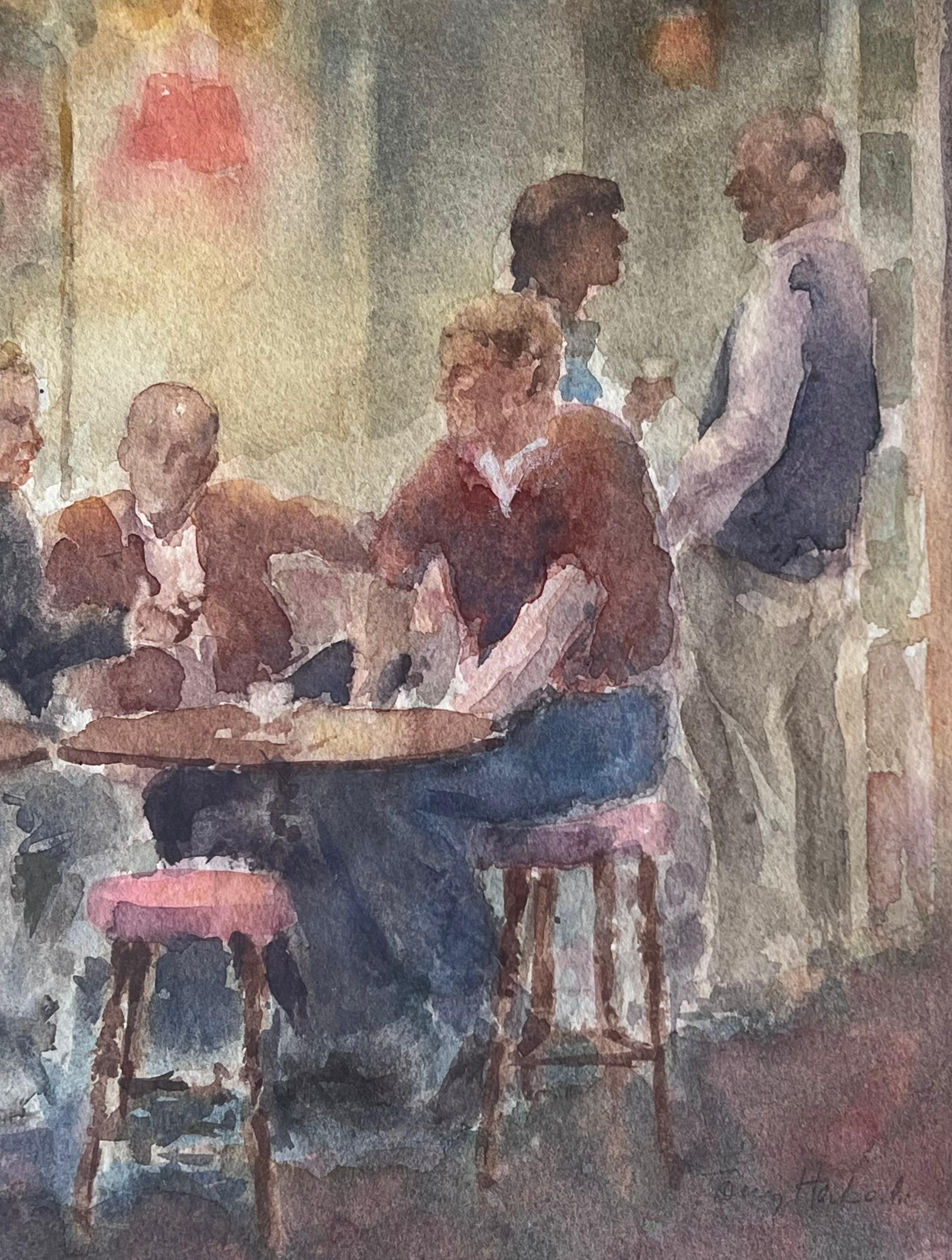 Figures Drinking in a Cosy Wooden Warm Lit Pub British Watercolour Painting - Gray Figurative Art by Anthony Herbert
