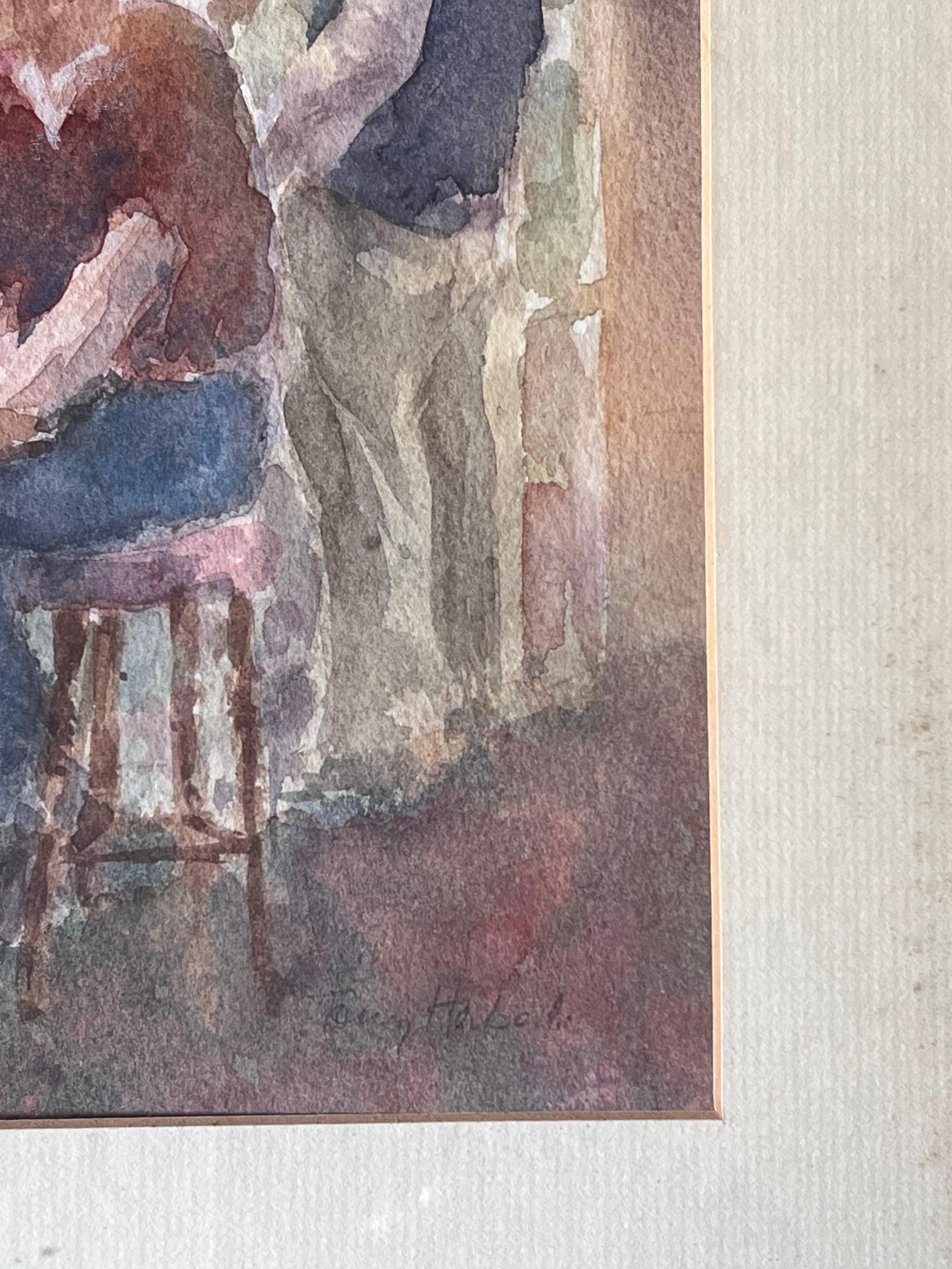 Figures Drinking in a Cosy Wooden Warm Lit Pub British Watercolour Painting For Sale 1