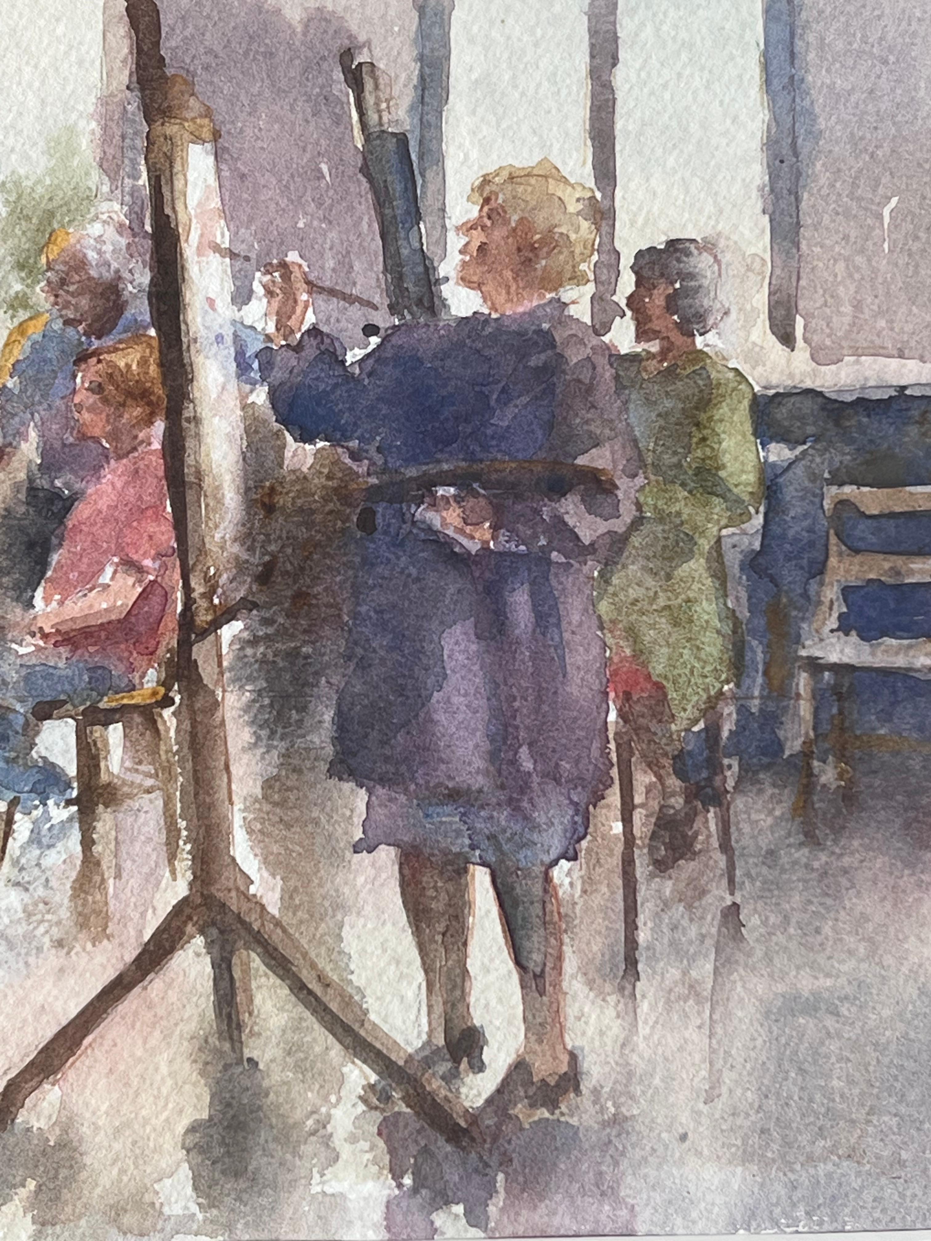 Figures Painting in an Art Class with Easels and Brushes British Watercolour - Gray Figurative Painting by Anthony Herbert