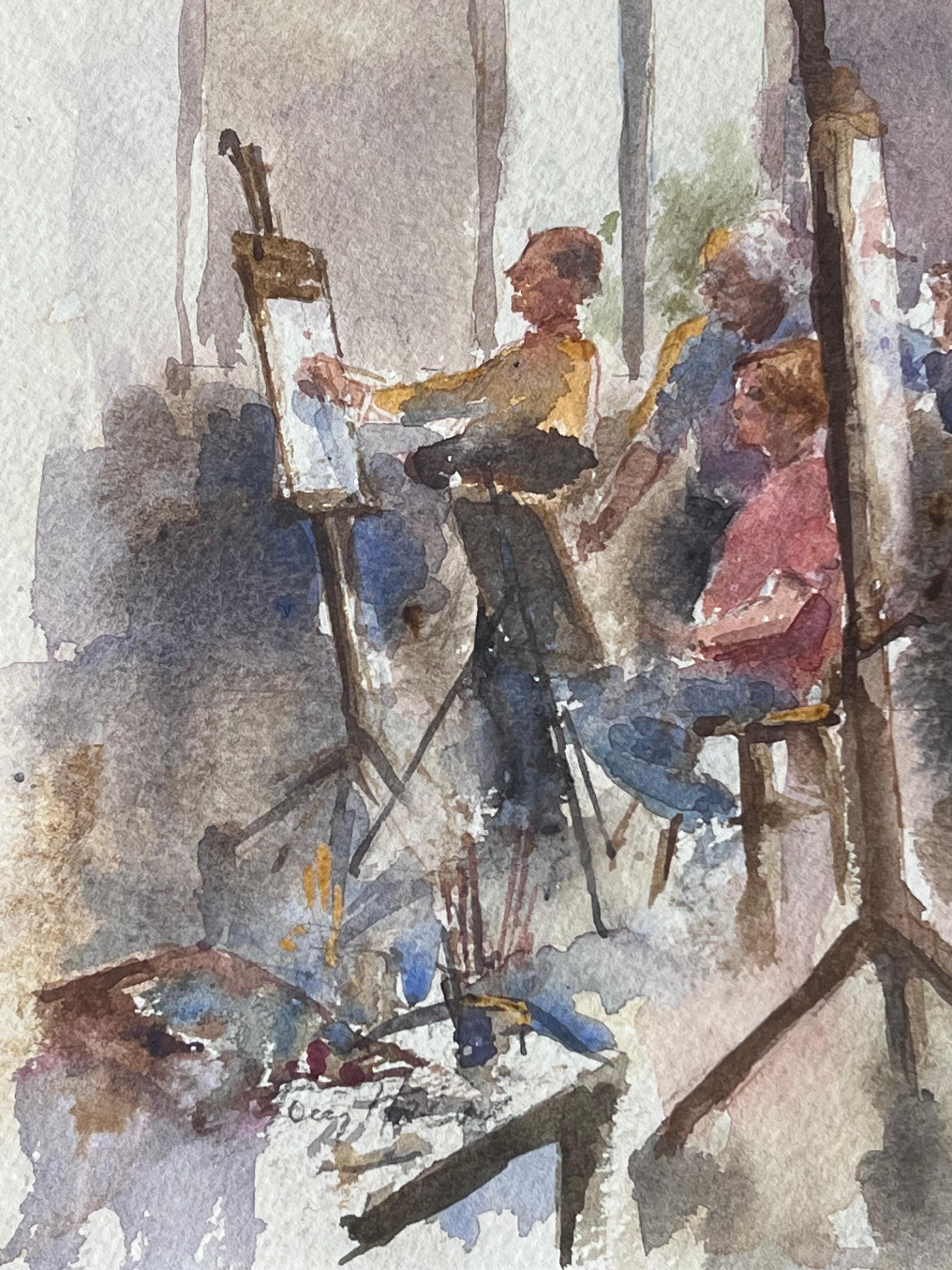 The Art Class
Signed By Tony Herbert (1927-2024)
Medium: Watercolor on artists paper on board, framed
Framed: 16 x 17.5 inches
Watercolour: 8 x 10 inches
Condition: Good and sound condition 
Provenance: From a large private collection of this