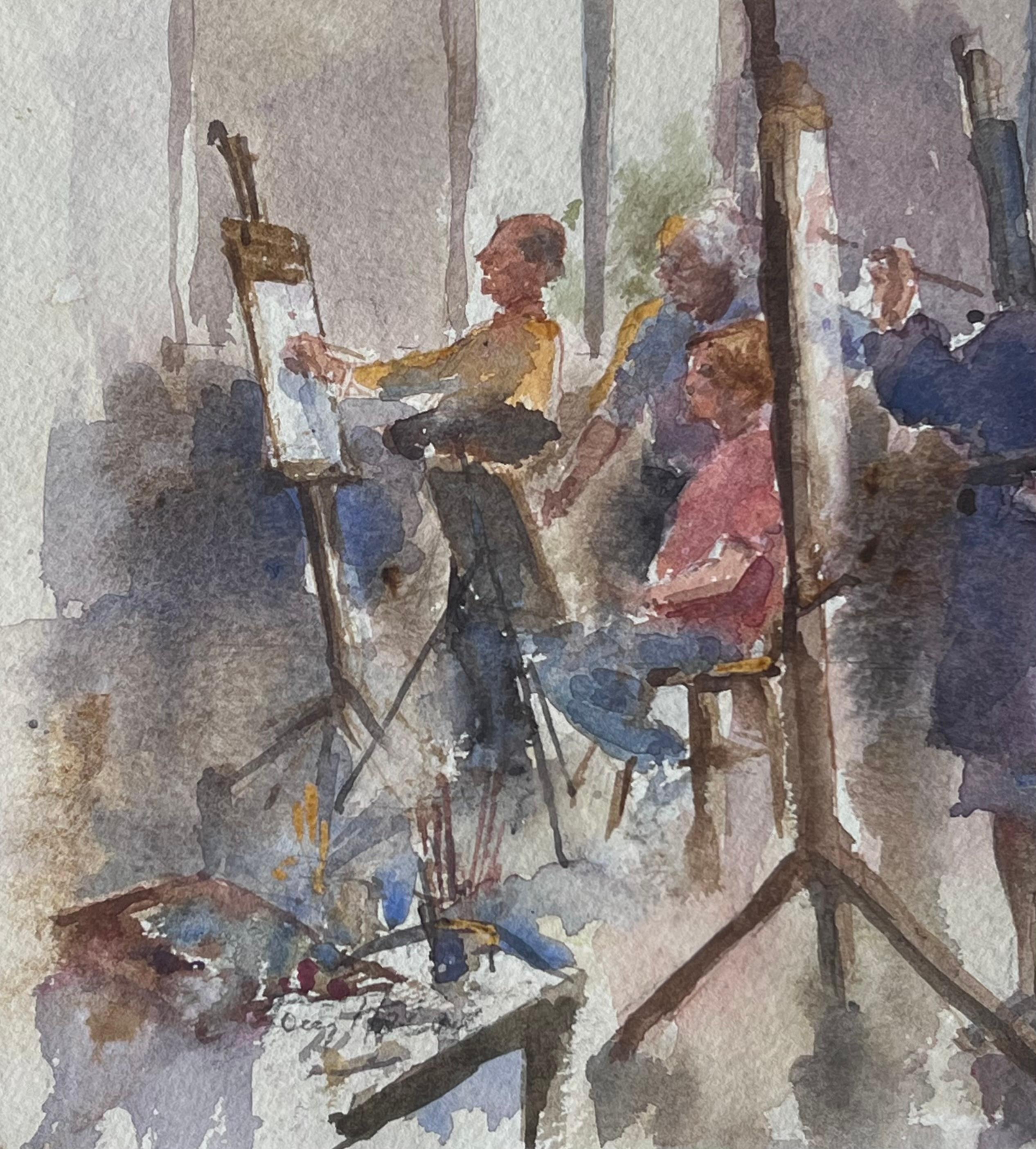 Figures Painting in an Art Class with Easels and Brushes British Watercolour For Sale 1