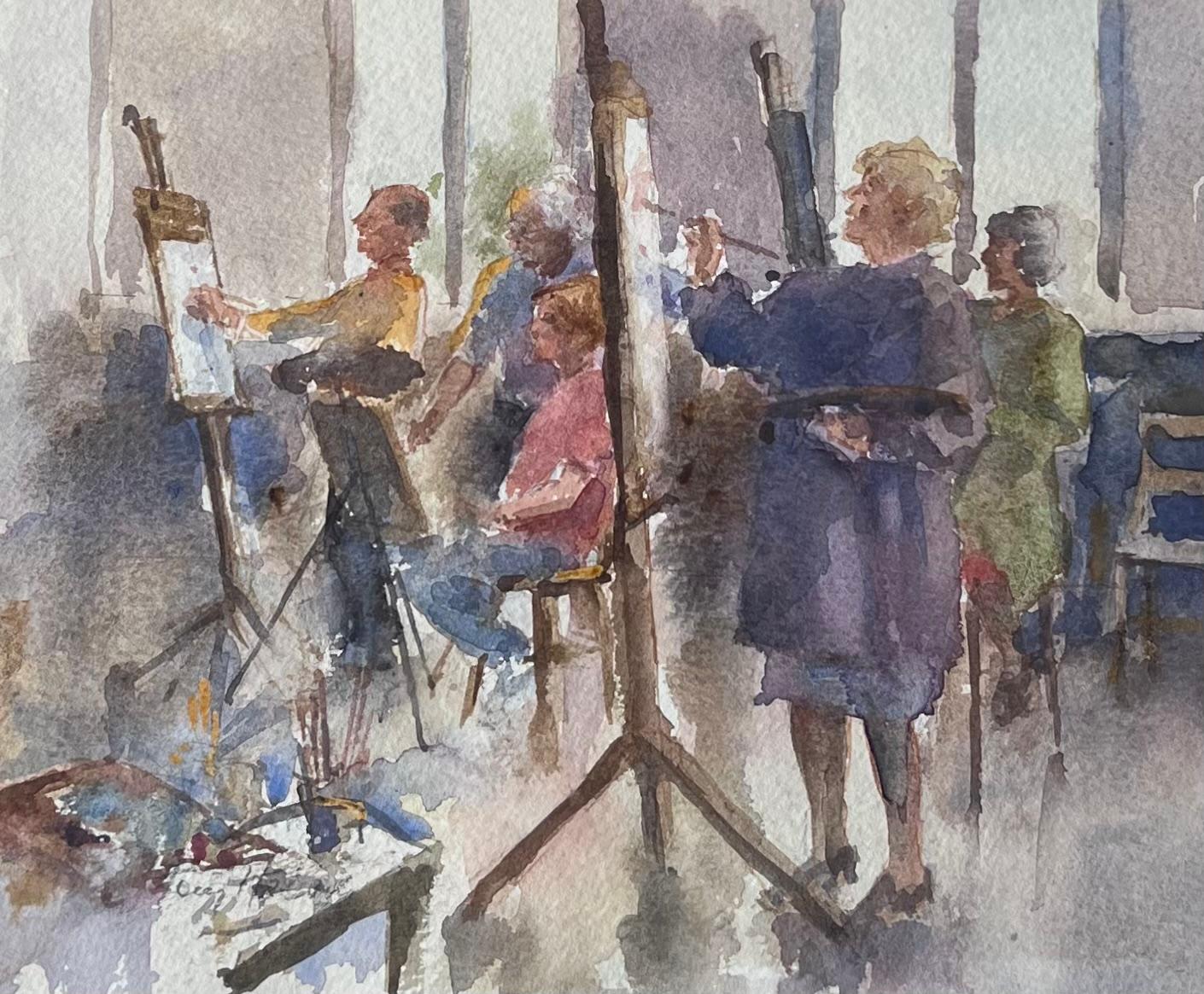 Figures Painting in an Art Class with Easels and Brushes British Watercolour For Sale 2