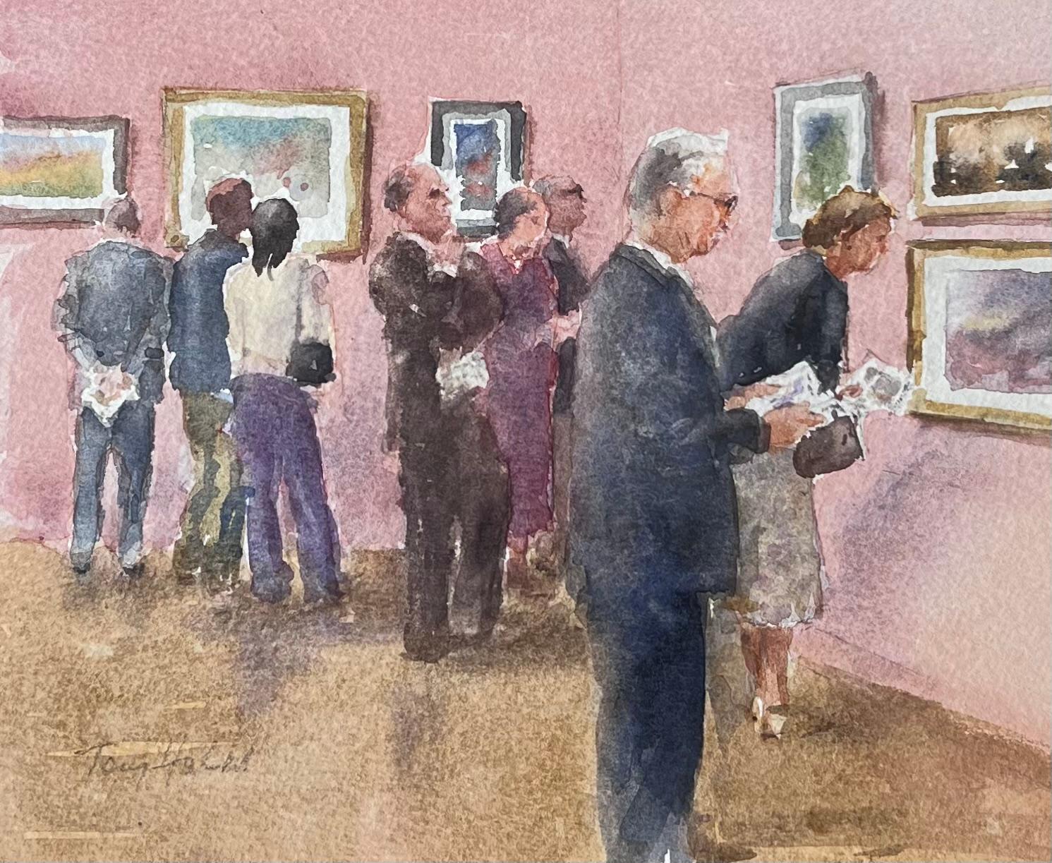 Figures Viewing The Gallery Exhibition in a Pink Interior British Watercolour - Art by Anthony Herbert