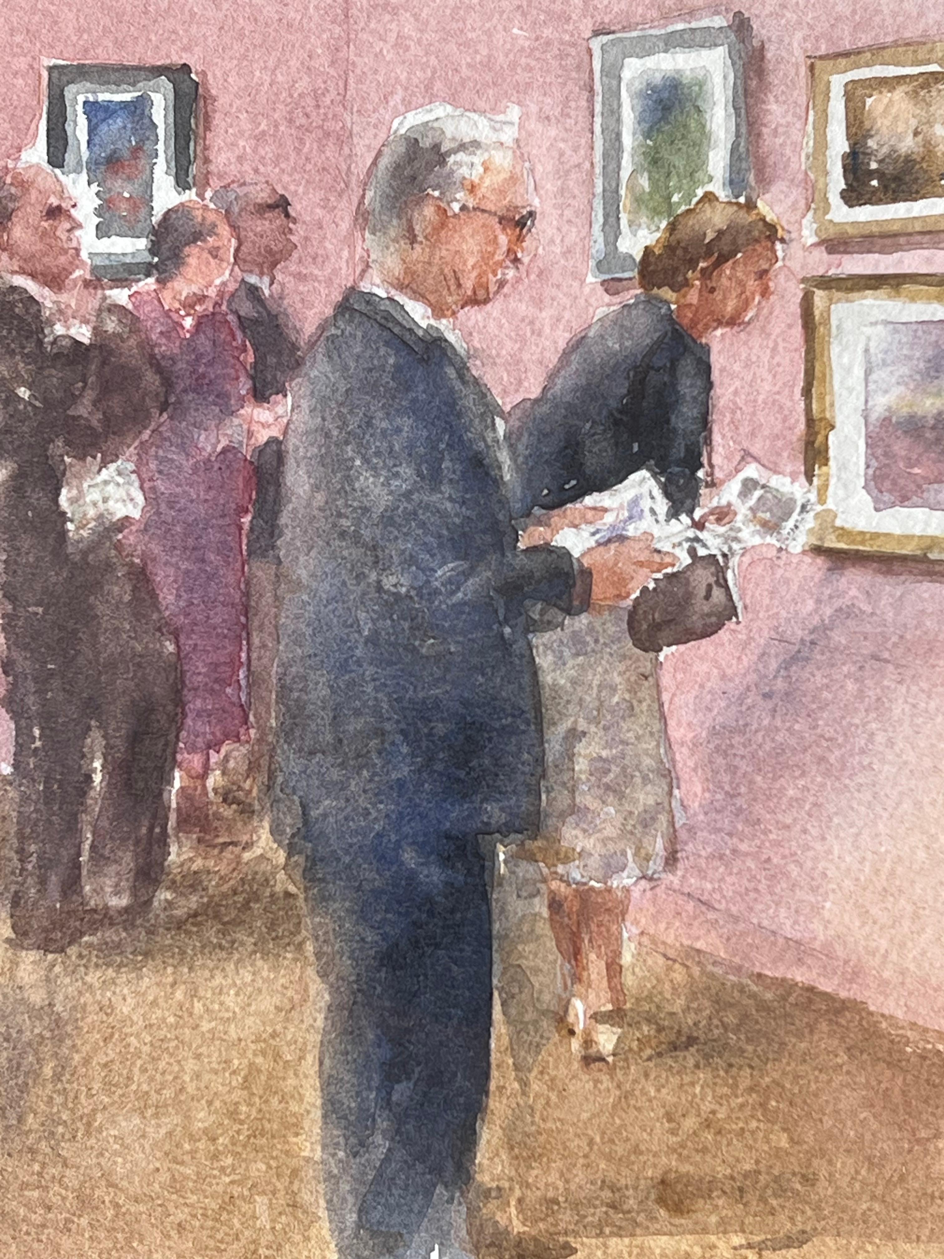 Figures Viewing The Gallery Exhibition in a Pink Interior British Watercolour - Impressionist Art by Anthony Herbert