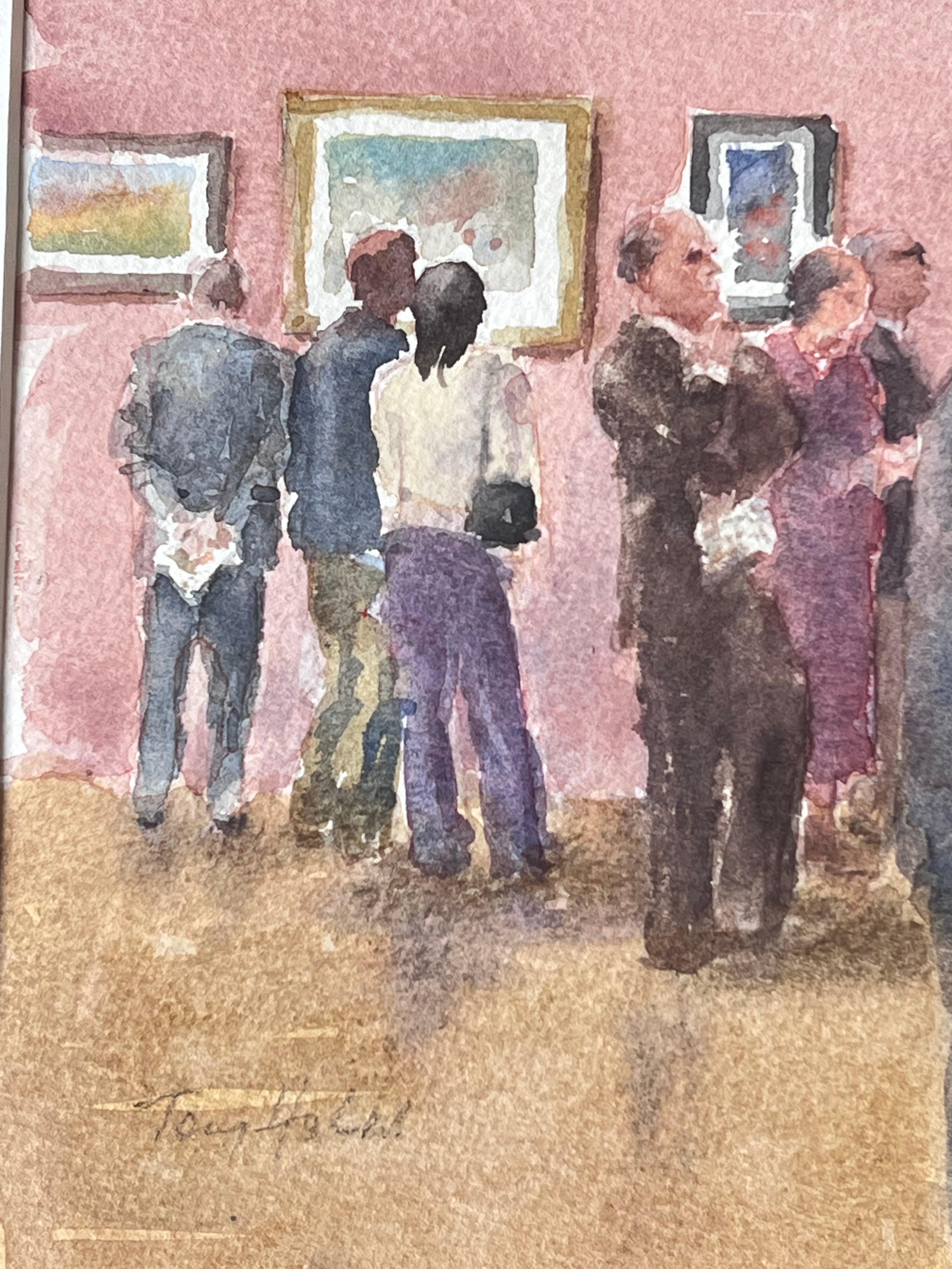 Figures Viewing The Gallery Exhibition in a Pink Interior British Watercolour - Gray Figurative Art by Anthony Herbert