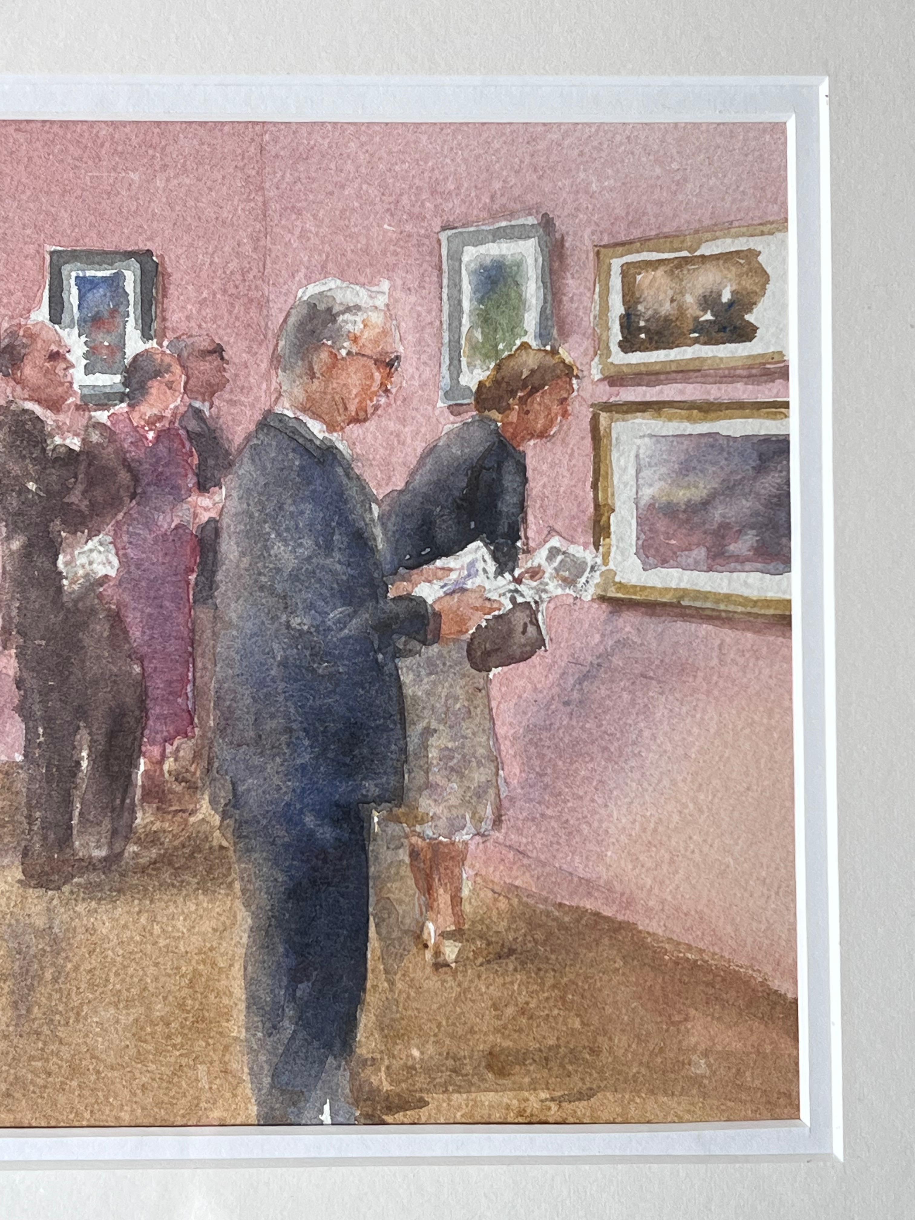 Figures Viewing The Gallery Exhibition in a Pink Interior British Watercolour For Sale 1