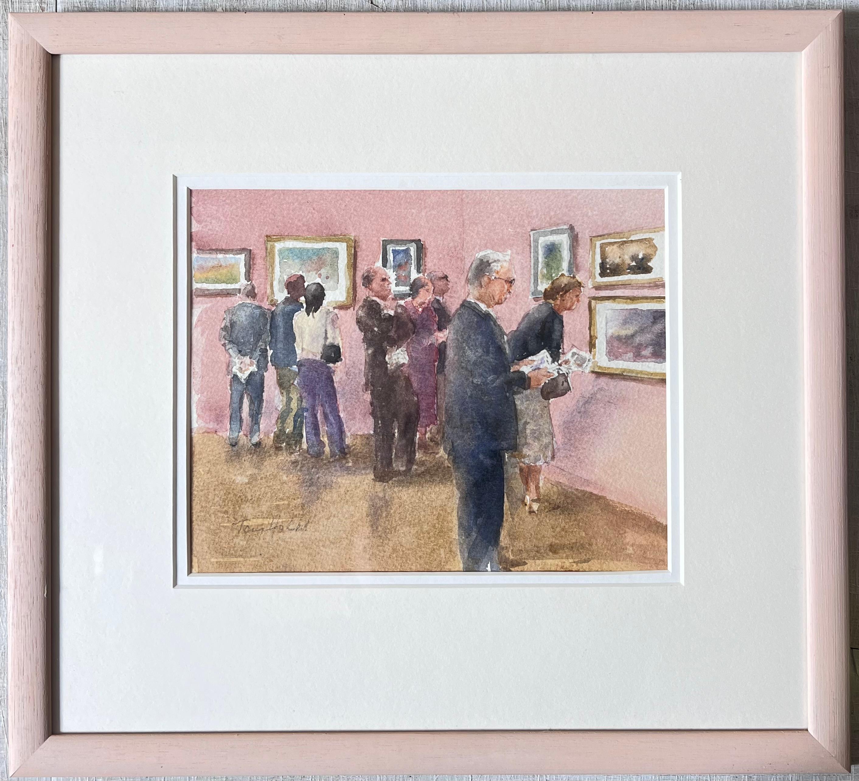 Anthony Herbert Figurative Art - Figures Viewing The Gallery Exhibition in a Pink Interior British Watercolour
