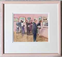 Figures Viewing The Gallery Exhibition in a Pink Interior British Watercolour