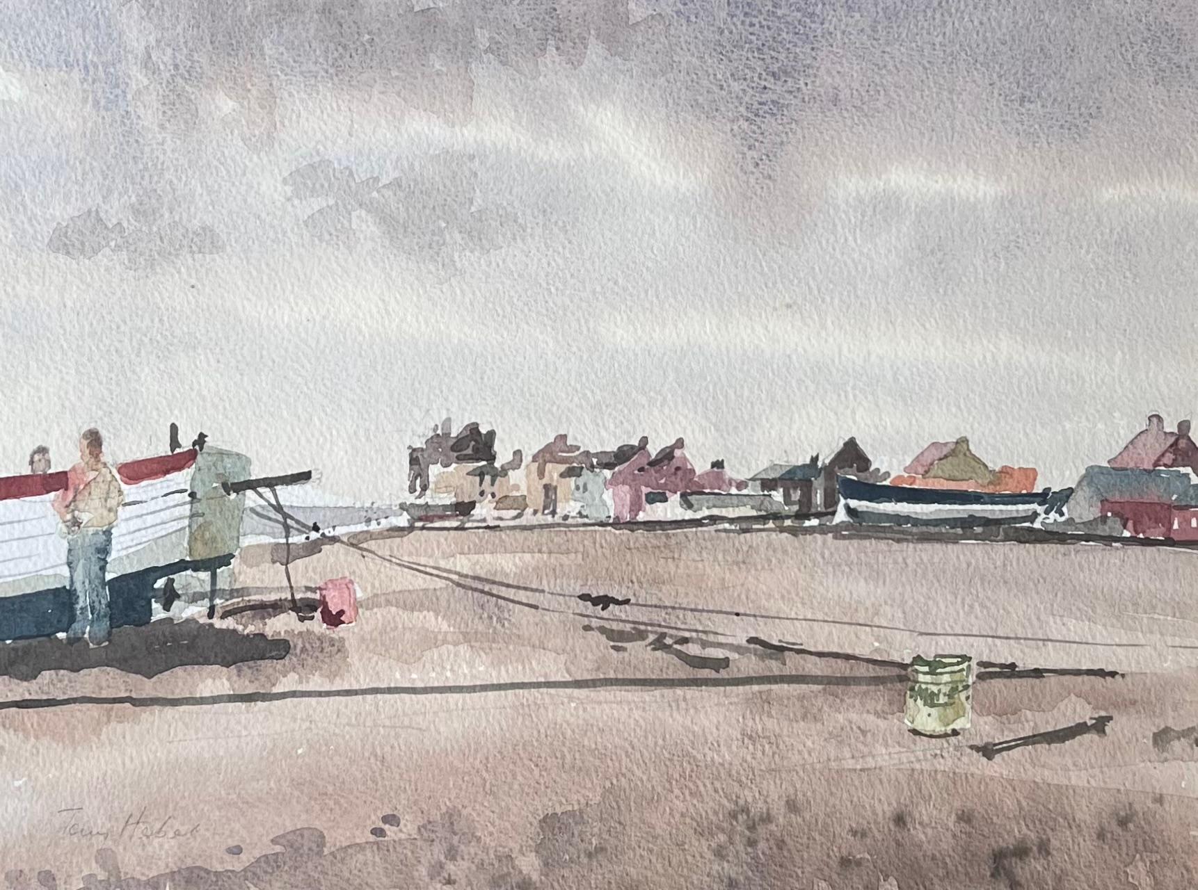 Figures with a Beached Fishing Boat on Aldeburgh Beach Watercolour - Art by Anthony Herbert