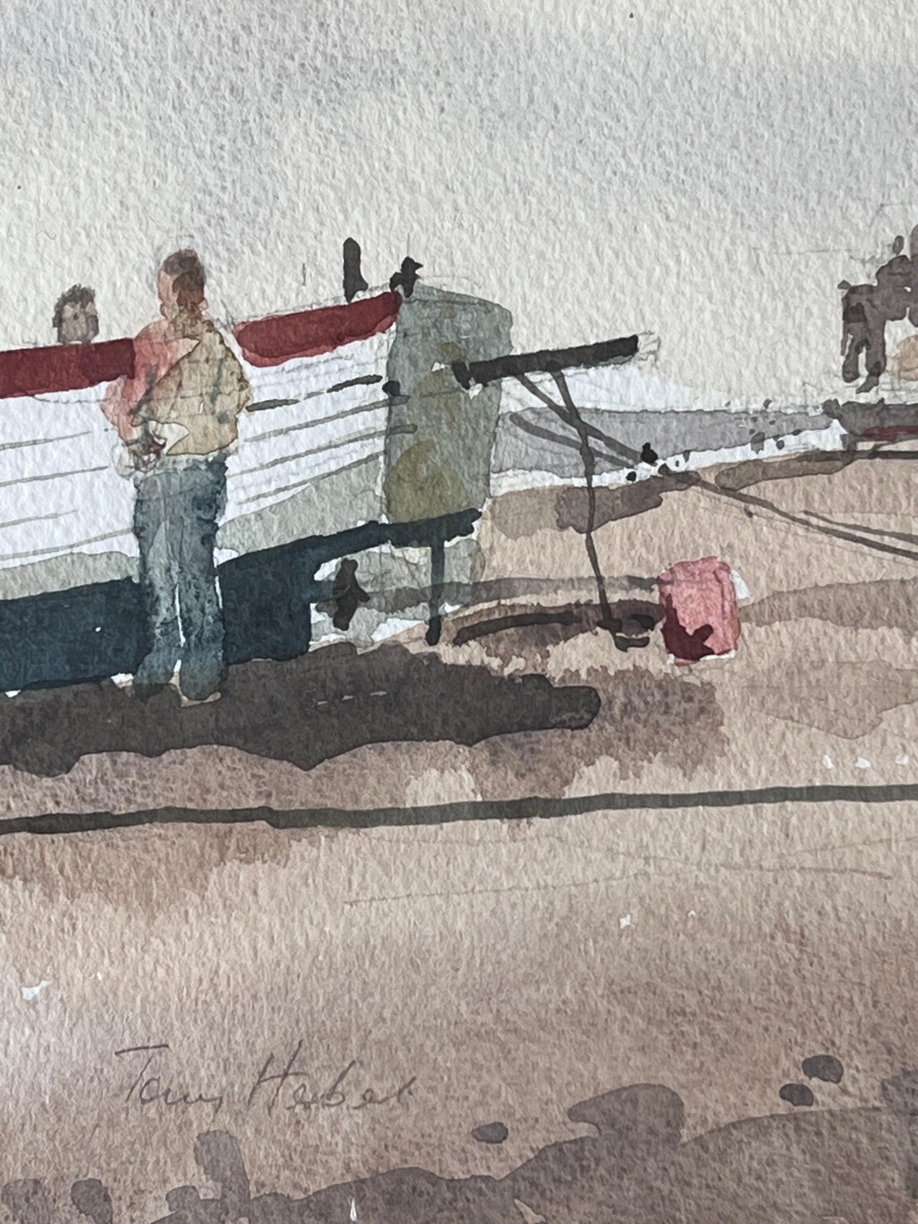 Figures with a Beached Fishing Boat on Aldeburgh Beach Watercolour - Impressionist Art by Anthony Herbert