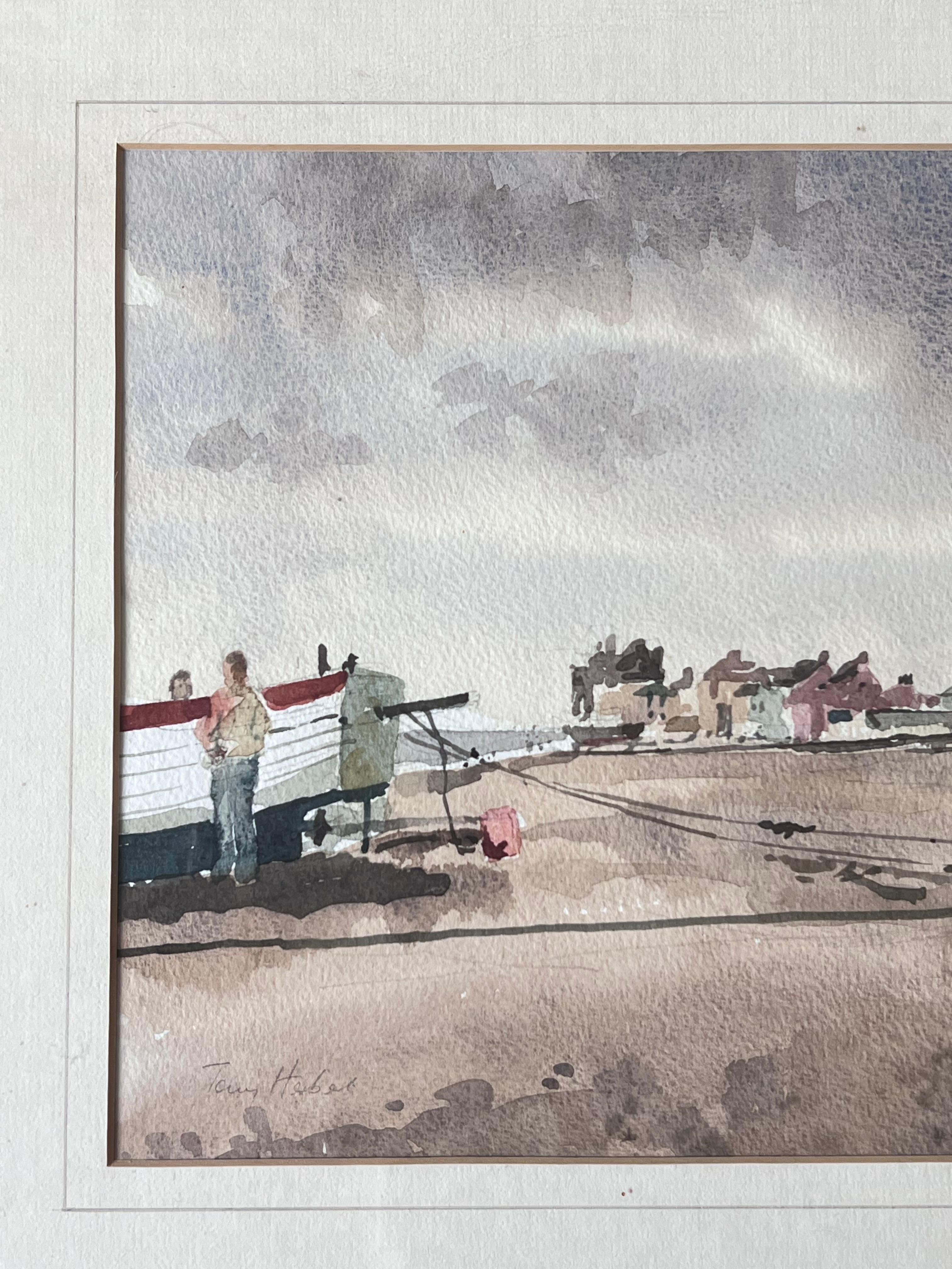 Figures with a Beached Fishing Boat on Aldeburgh Beach Watercolour - Gray Landscape Art by Anthony Herbert