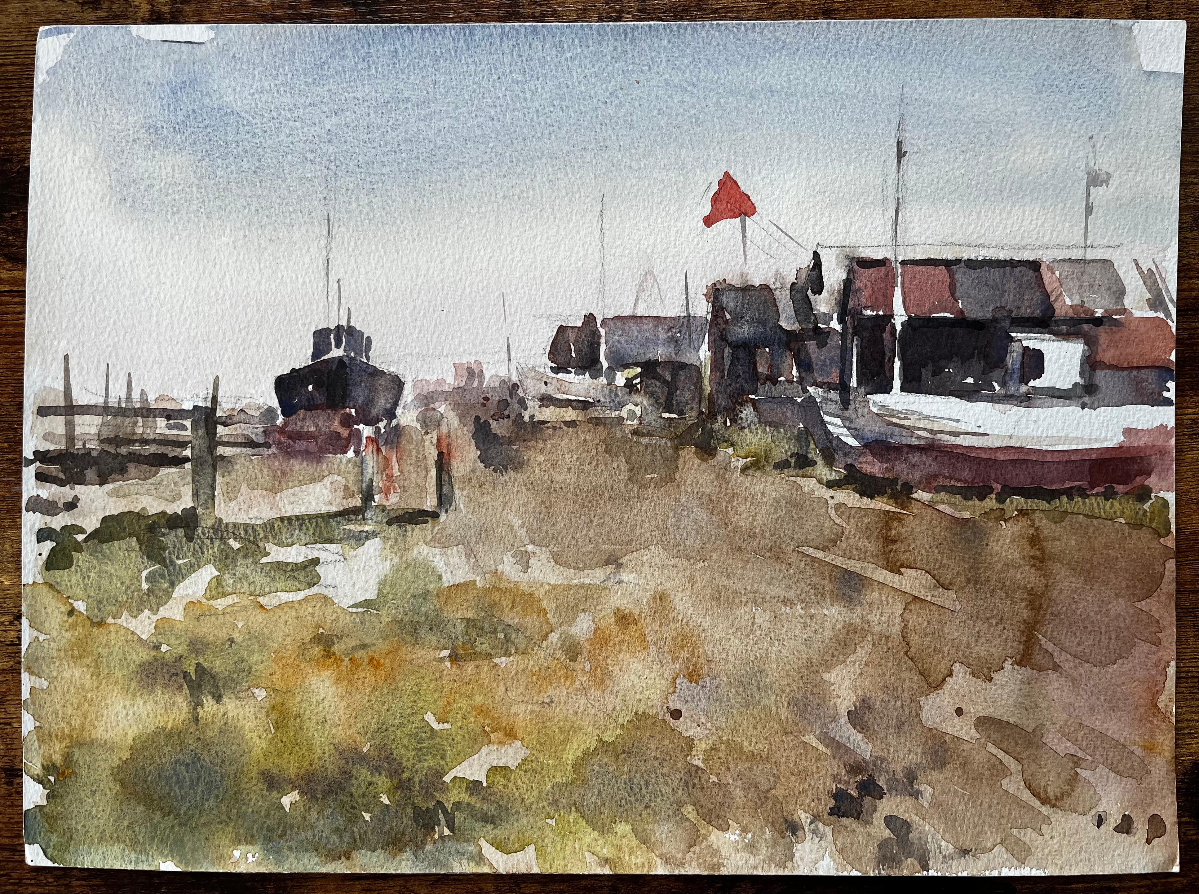 Fischerboote und Bootsschuppen im Küstenmarsch Mai 1998 von Tony Herbert – Painting von Anthony Herbert