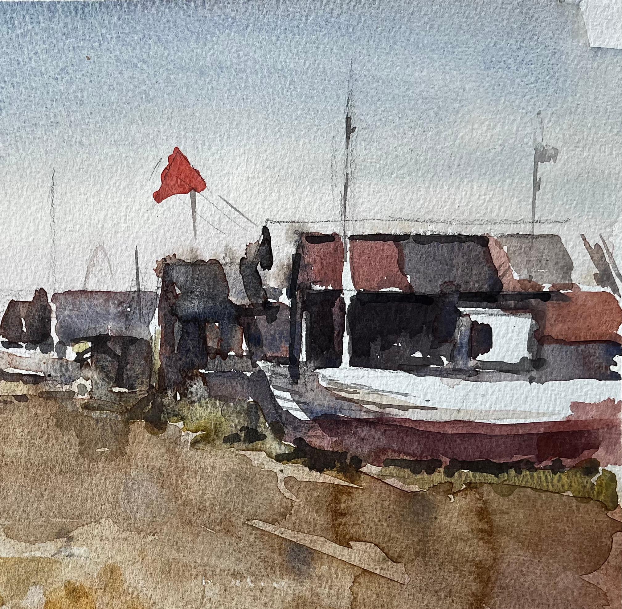 Fischerboote und Bootsschuppen im Küstenmarsch Mai 1998 von Tony Herbert (Impressionismus), Painting, von Anthony Herbert