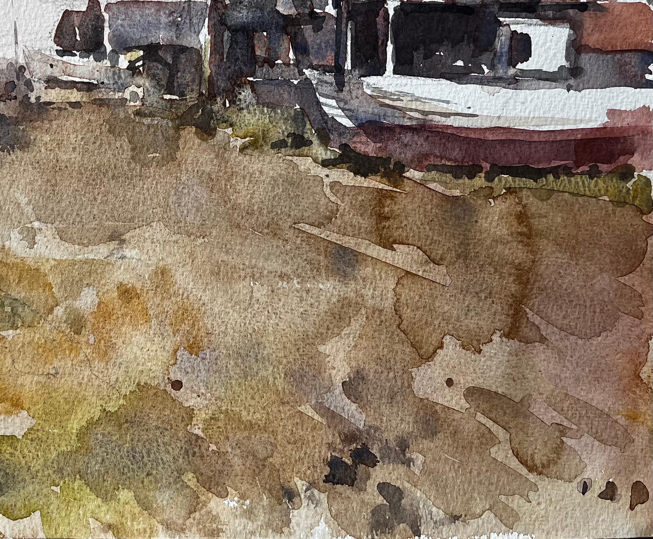 Fischerboote und Bootsschuppen im Küstenmarsch Mai 1998 von Tony Herbert (Braun), Landscape Painting, von Anthony Herbert