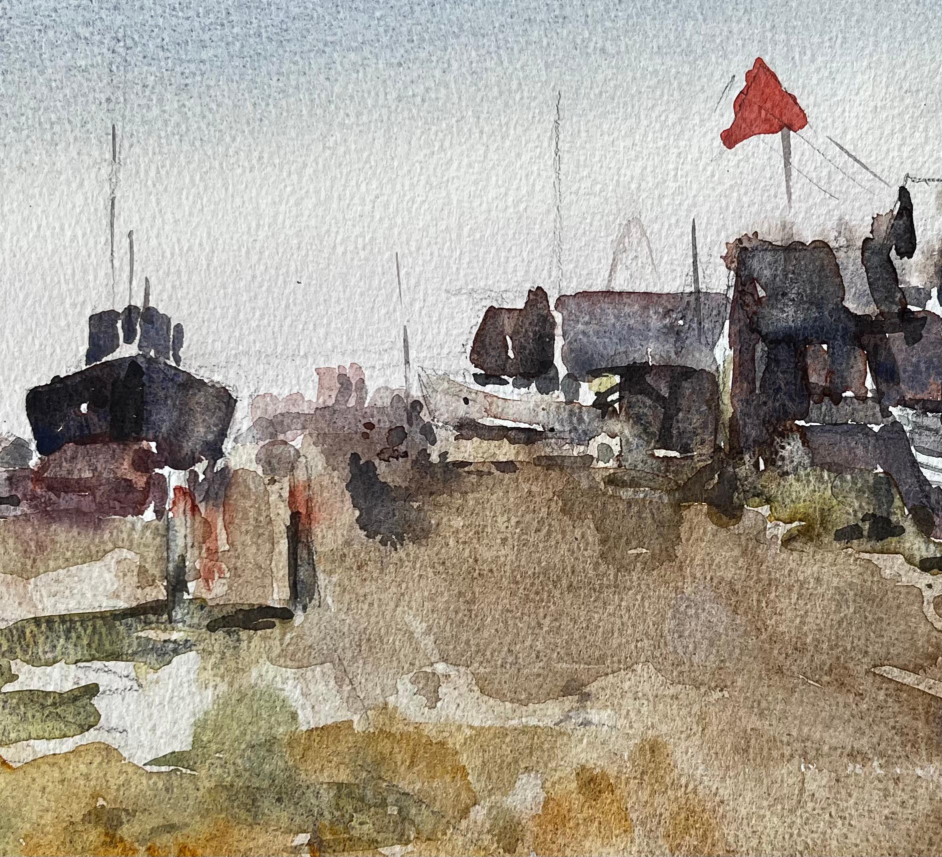 Titel: Fischerboote und Bootsschuppen in den Küstenmarschen Mai 1998 von Tony Herbert
Von Tony Herbert (1927-2024)
Verso mit Bleistift beschriftet 