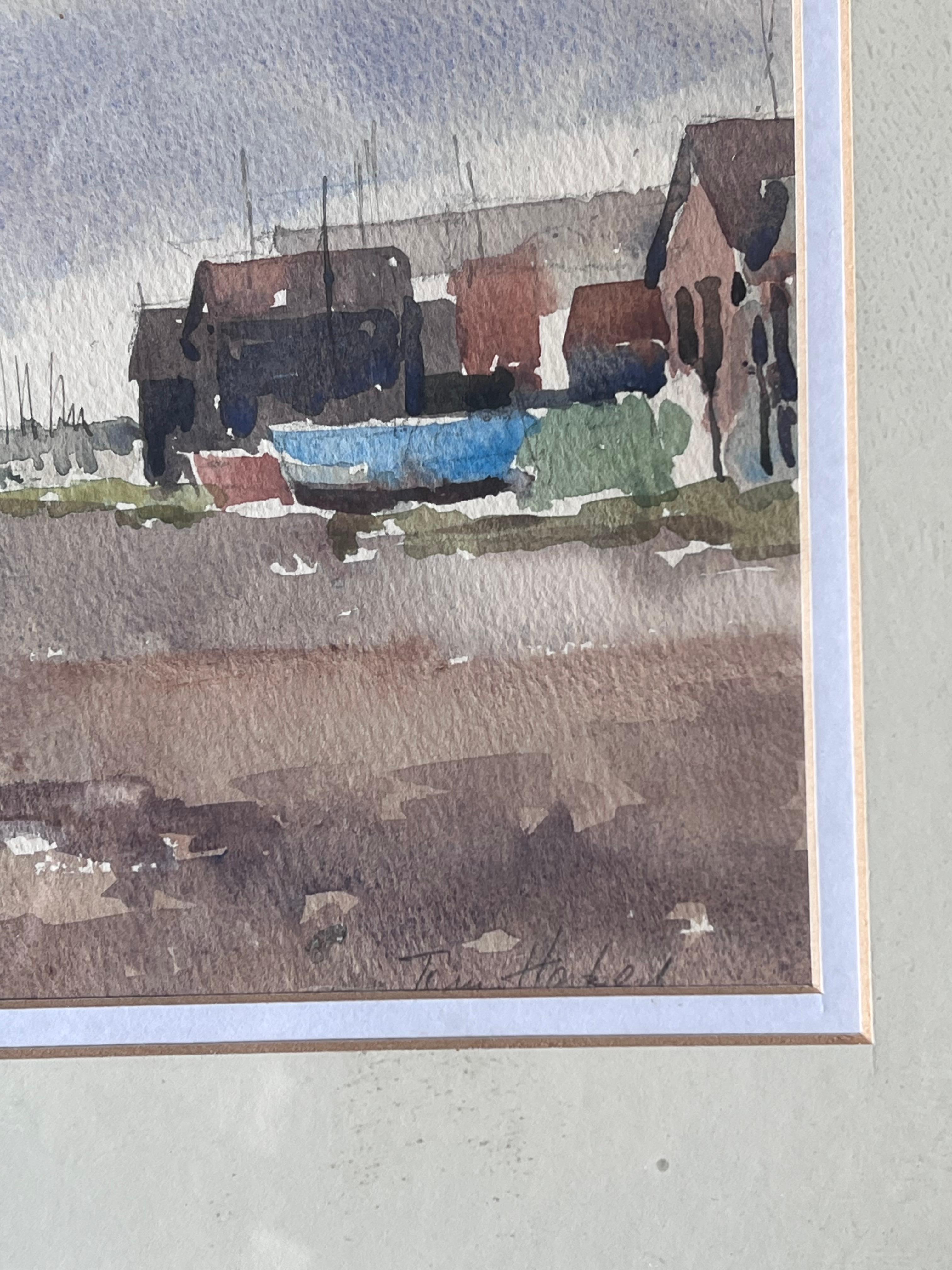 Fishing Boats Pulled up on Dry Land Beside a Rough Coastal Track Watercolour - Gray Landscape Art by Anthony Herbert