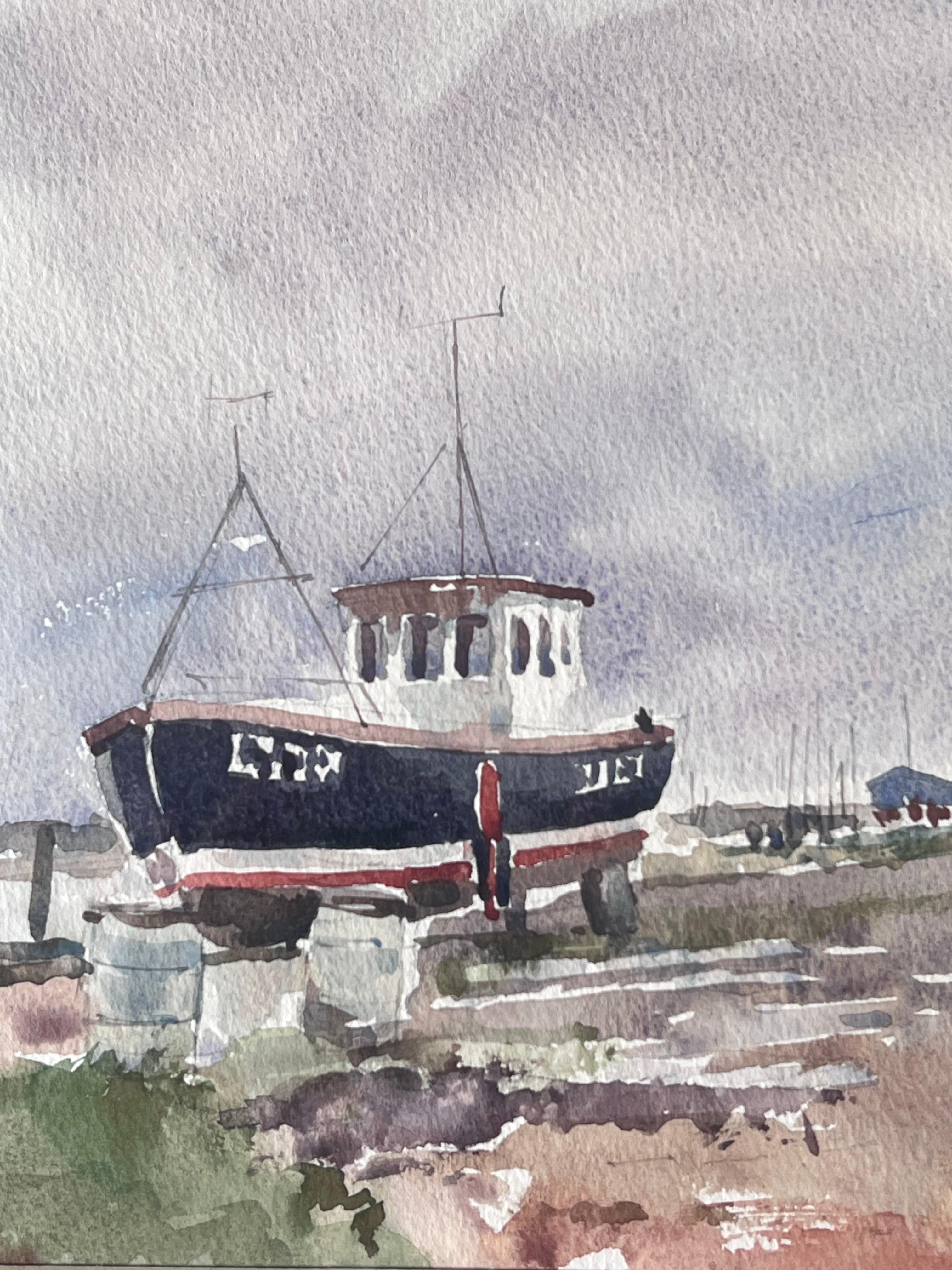 Fishing Boat Landscape
Signed By Tony Herbert (1927-2024)
Medium: Watercolor on artists paper on board, framed - glass covered 
Framed: 16.5 x 19.5 inches
Watercolour: 9 x 12 inches
Condition: Good and sound condition 
Provenance: From a large