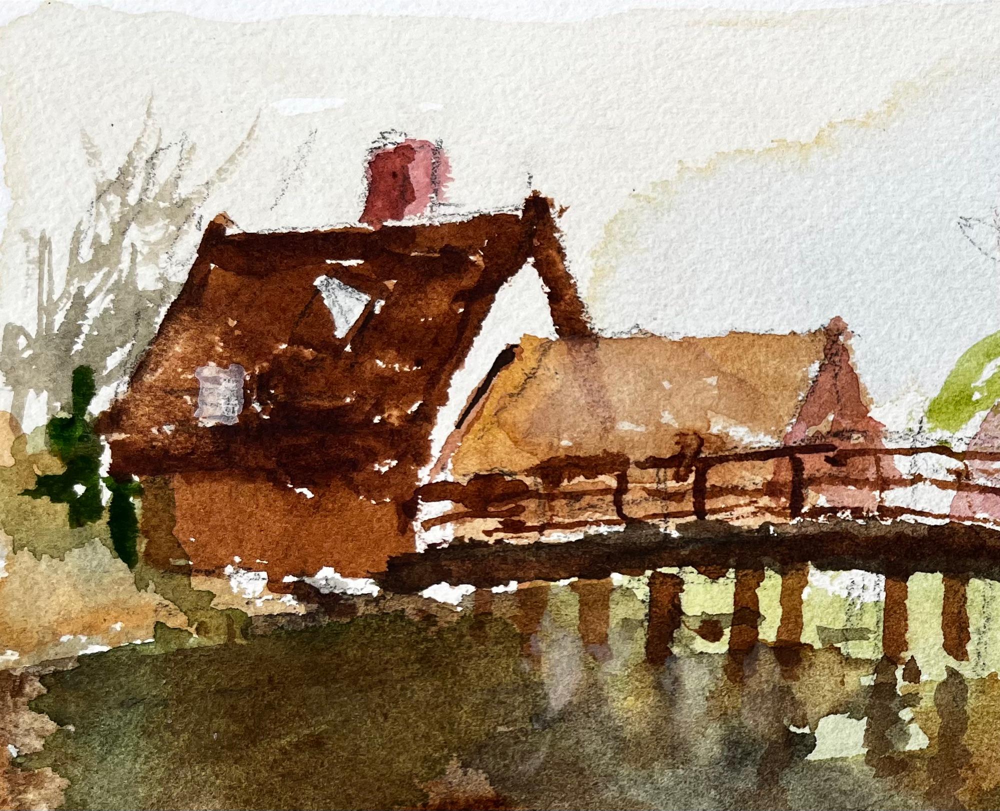 Flatford Mill Footbridge with Reflections and Thatched Cottages Suffolk - Art by Anthony Herbert