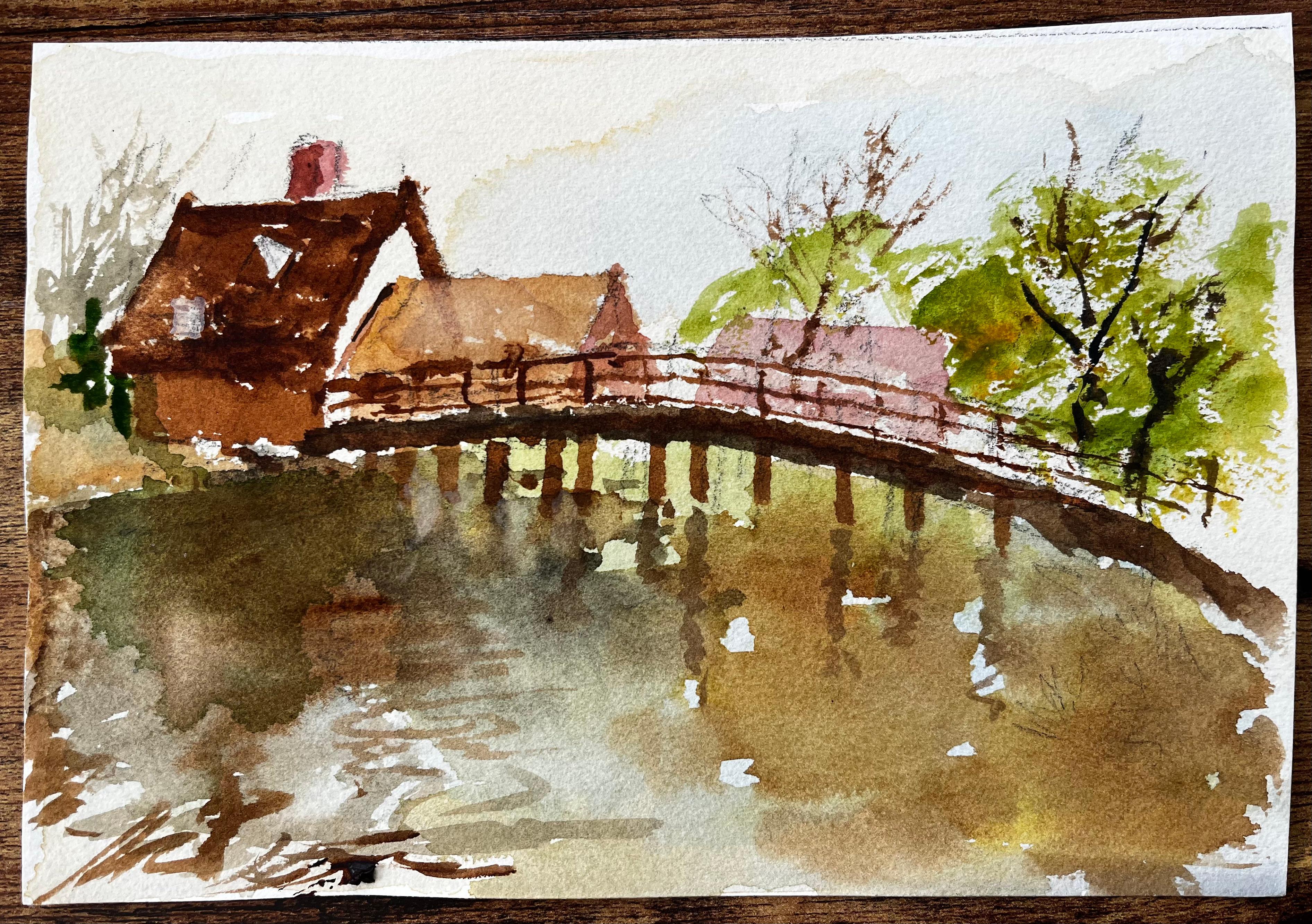 Flatford Mill Footbridge with Reflections and Thatched Cottages Suffolk - Impressionist Art by Anthony Herbert