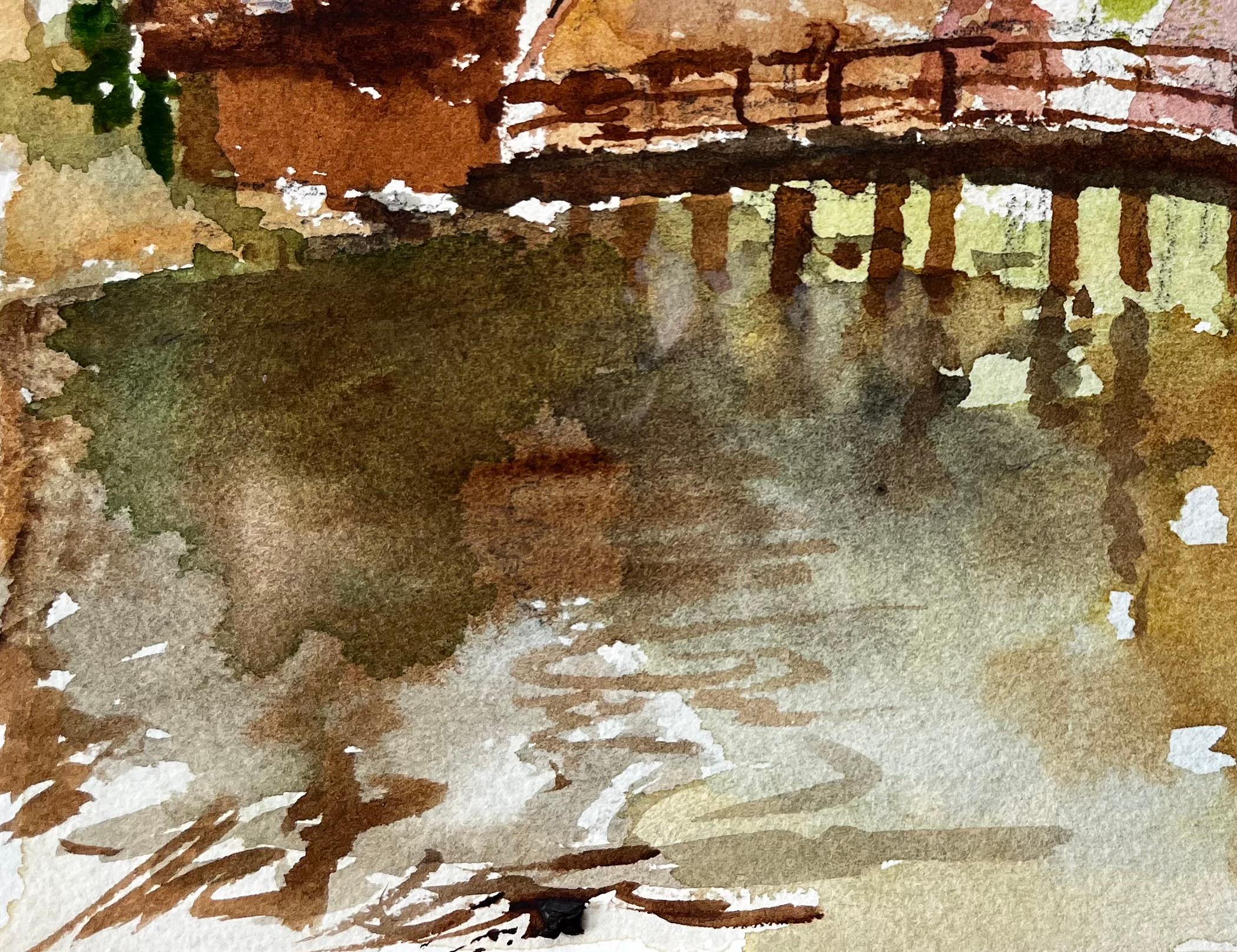Flatford Mill Footbridge with Reflections and Thatched Cottages Suffolk - Beige Landscape Art by Anthony Herbert